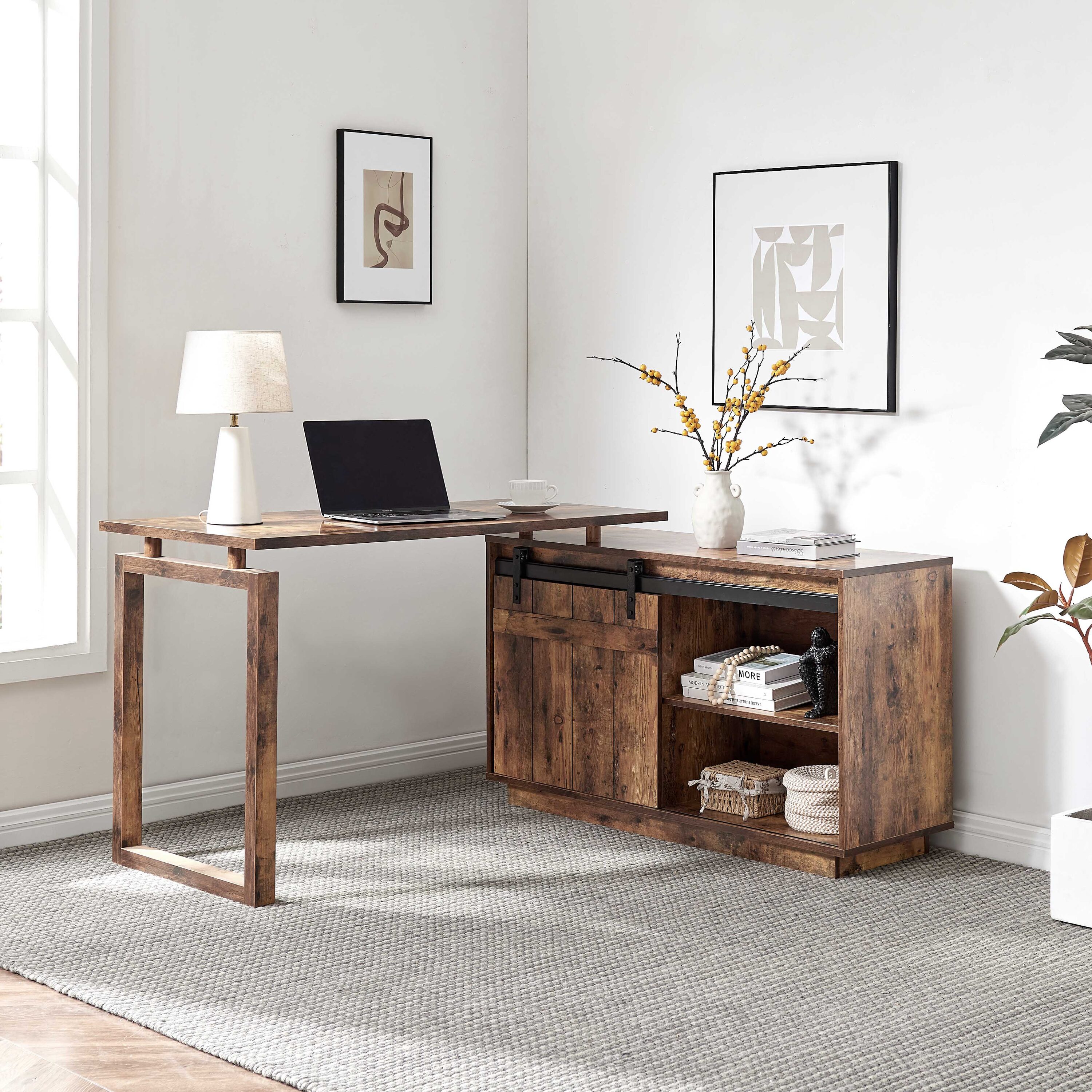 Tinyhomie - Desk L-shaped Workstation Home Office attached storage credenza sliding barn door fin...