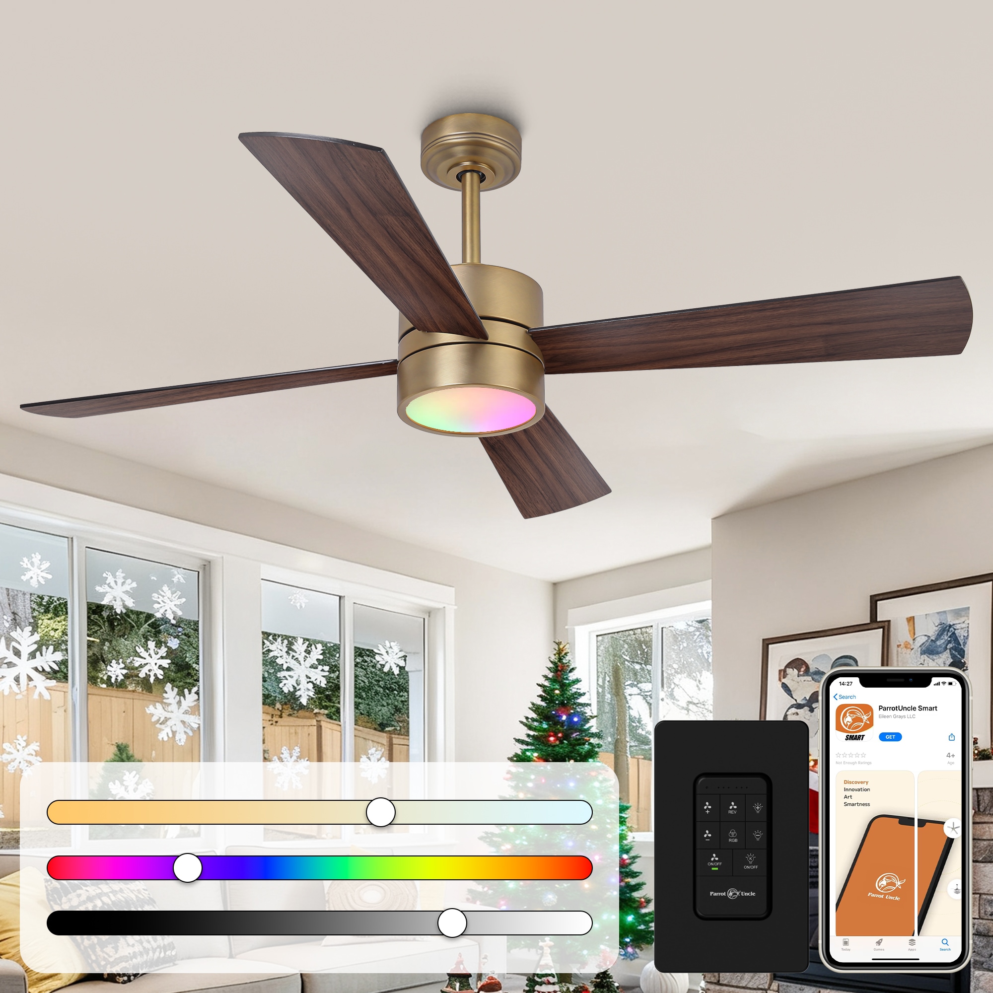 Parrot Uncle CPS1268-A4-NBR-RGB 52-in Color-Changing Integrated LED Smart Gold with White/Walnut Blades Ceiling Fan With Light 4 -Blade )