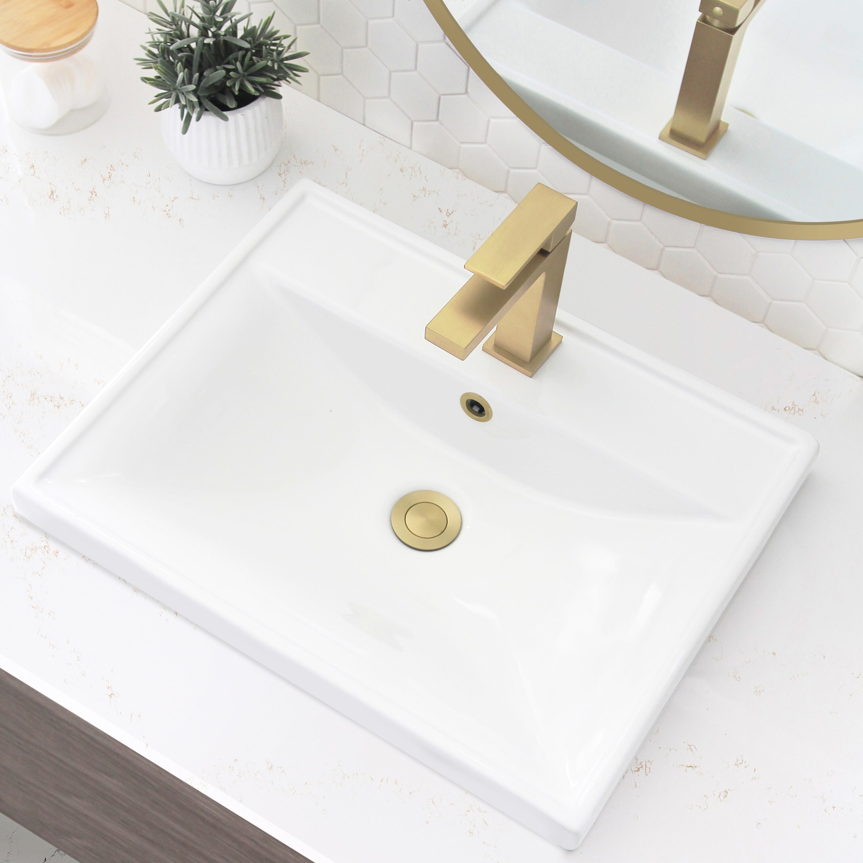 White Rectangular Ceramic Drop-In Bathroom Sink with Overflow