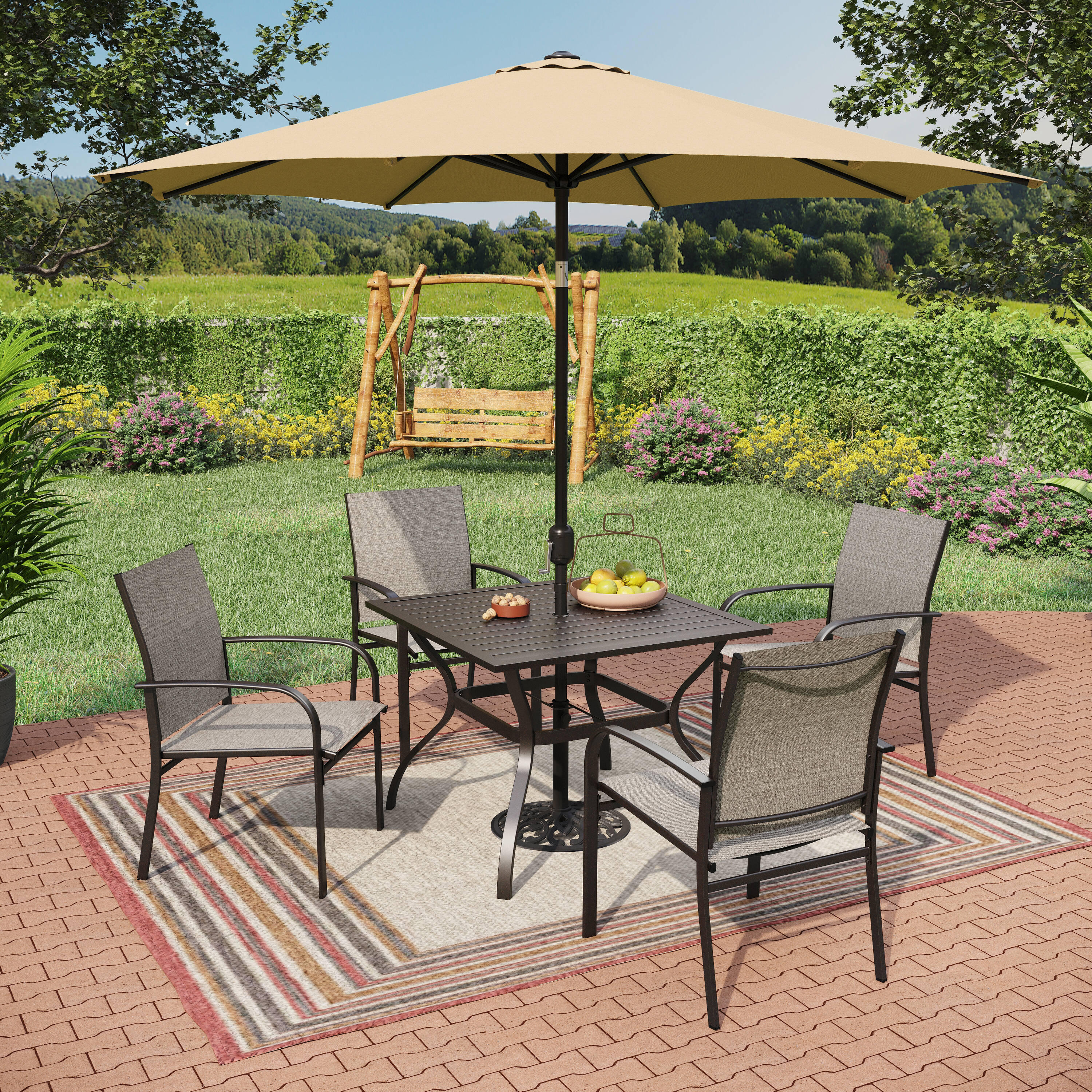 Sunshine Valley TC7-E02GF113-103 Outdoor Table and Chairs 6 -Piece Black Patio Dining Set Steel Square Table with 4 Gray Stationary Chairs