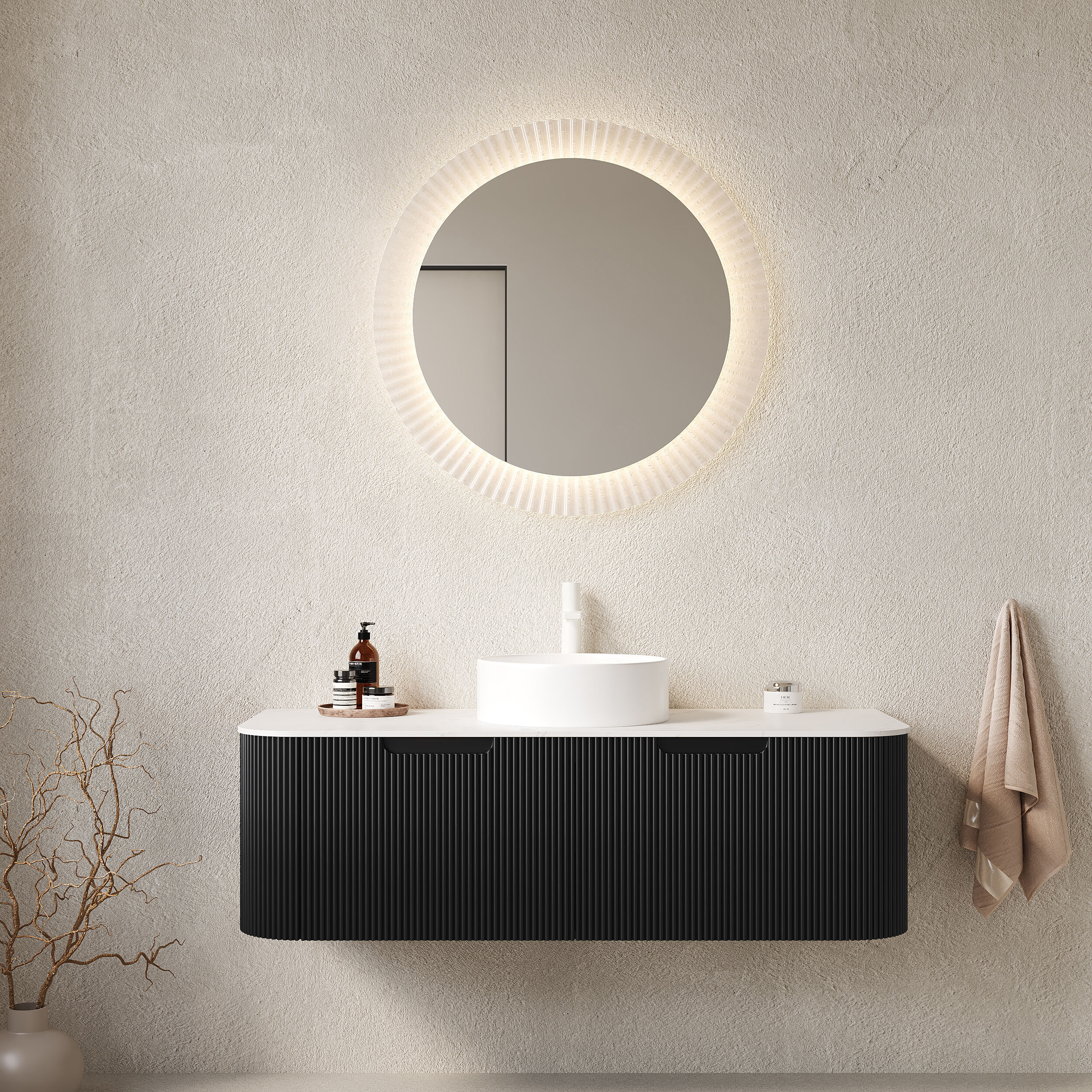 Huluwat - 48-in Black Fluted Floating Bathroom Vanity with White Round Ceramic Sink and Carrara W...