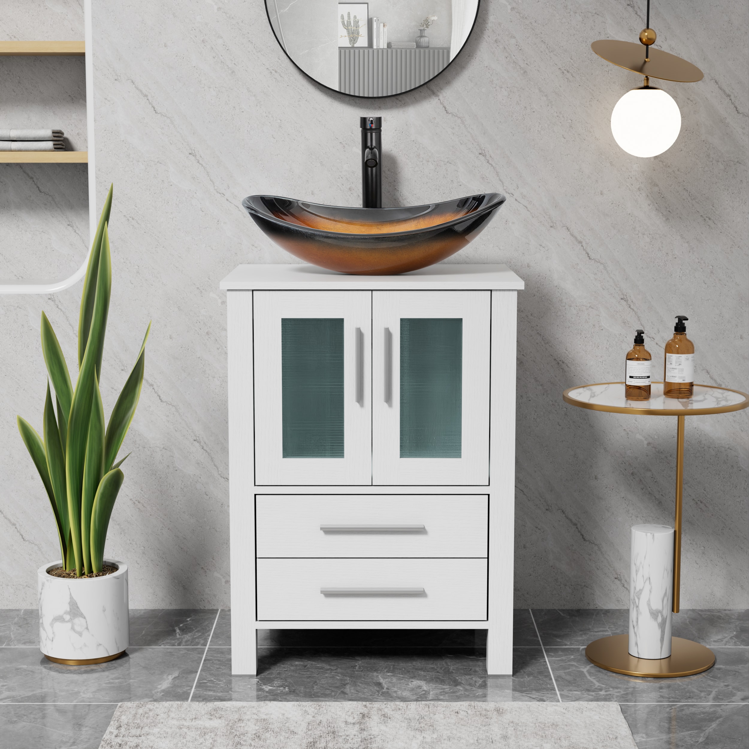 eclife 24 inch Single Sink White Bathroom Vanity with Brown Oval Glass Vessel Sink Top