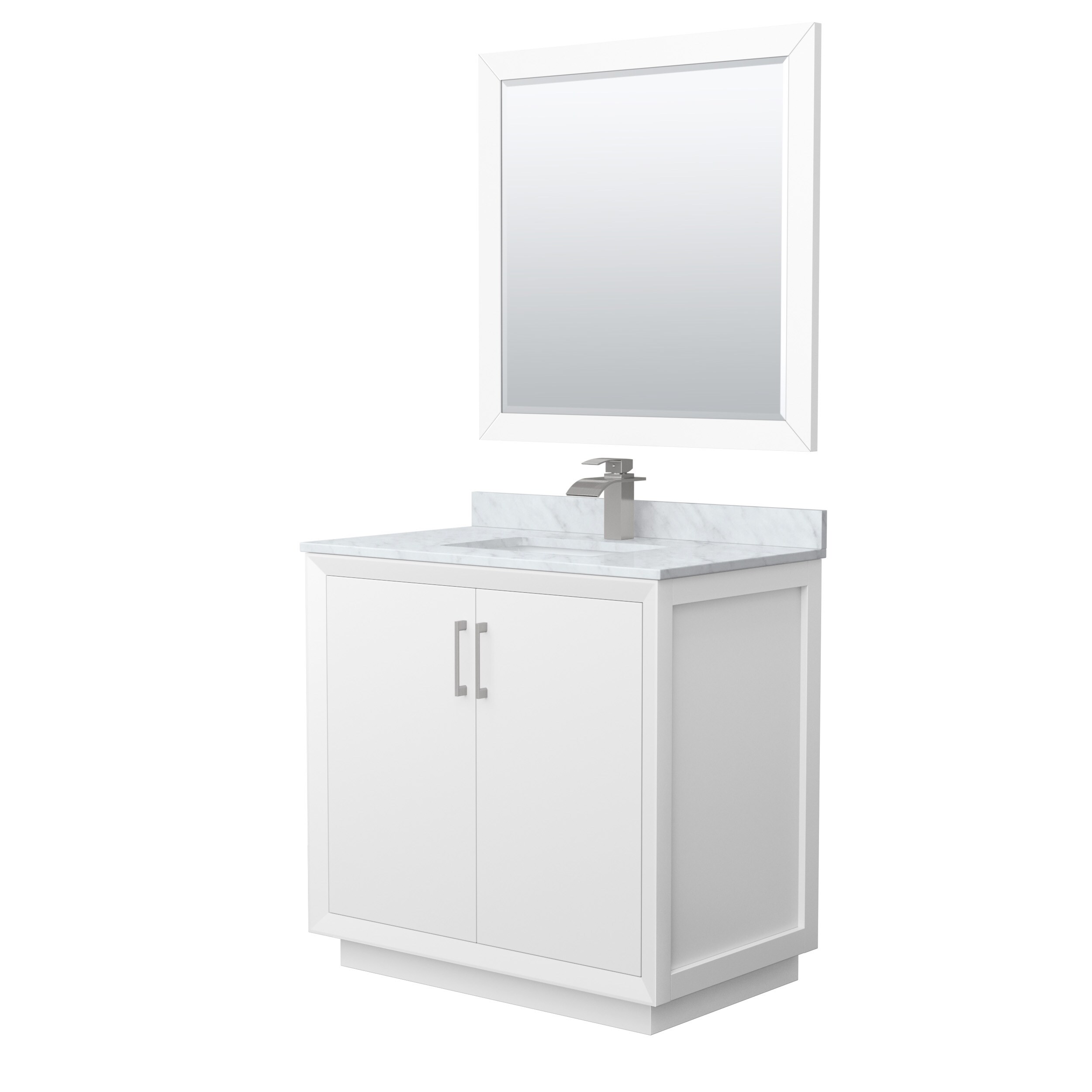 Wyndham Collection WCF414136SWHCMUNSM34 Strada 36-in White with Brushed Nickel Trim Undermount Single Sink Bathroom Vanity with White Carrara Marble Natural Marble Top (Mirror Included)