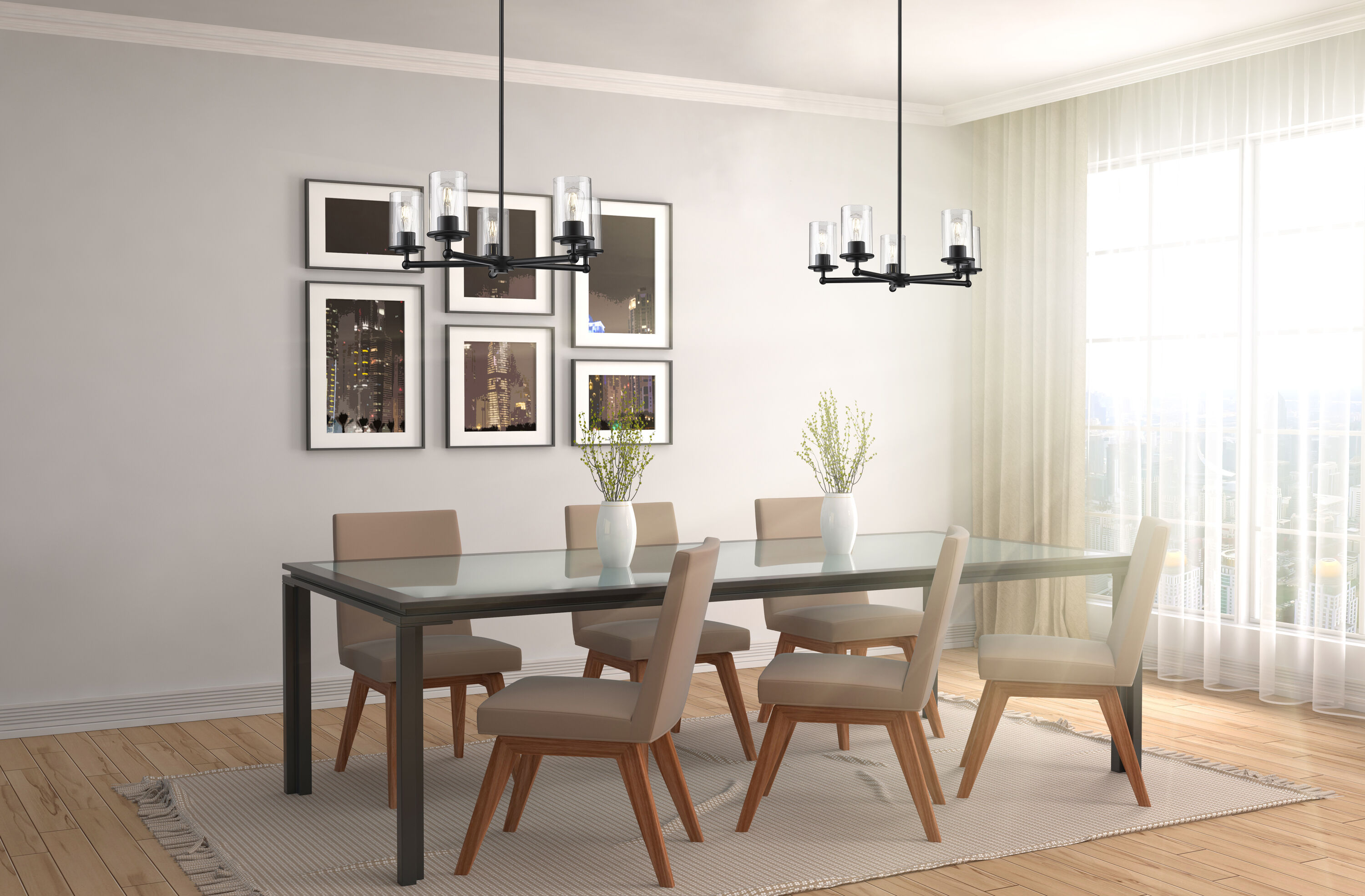 Matte Black 5-Light Steel Chandelier with Clear Glass Shades