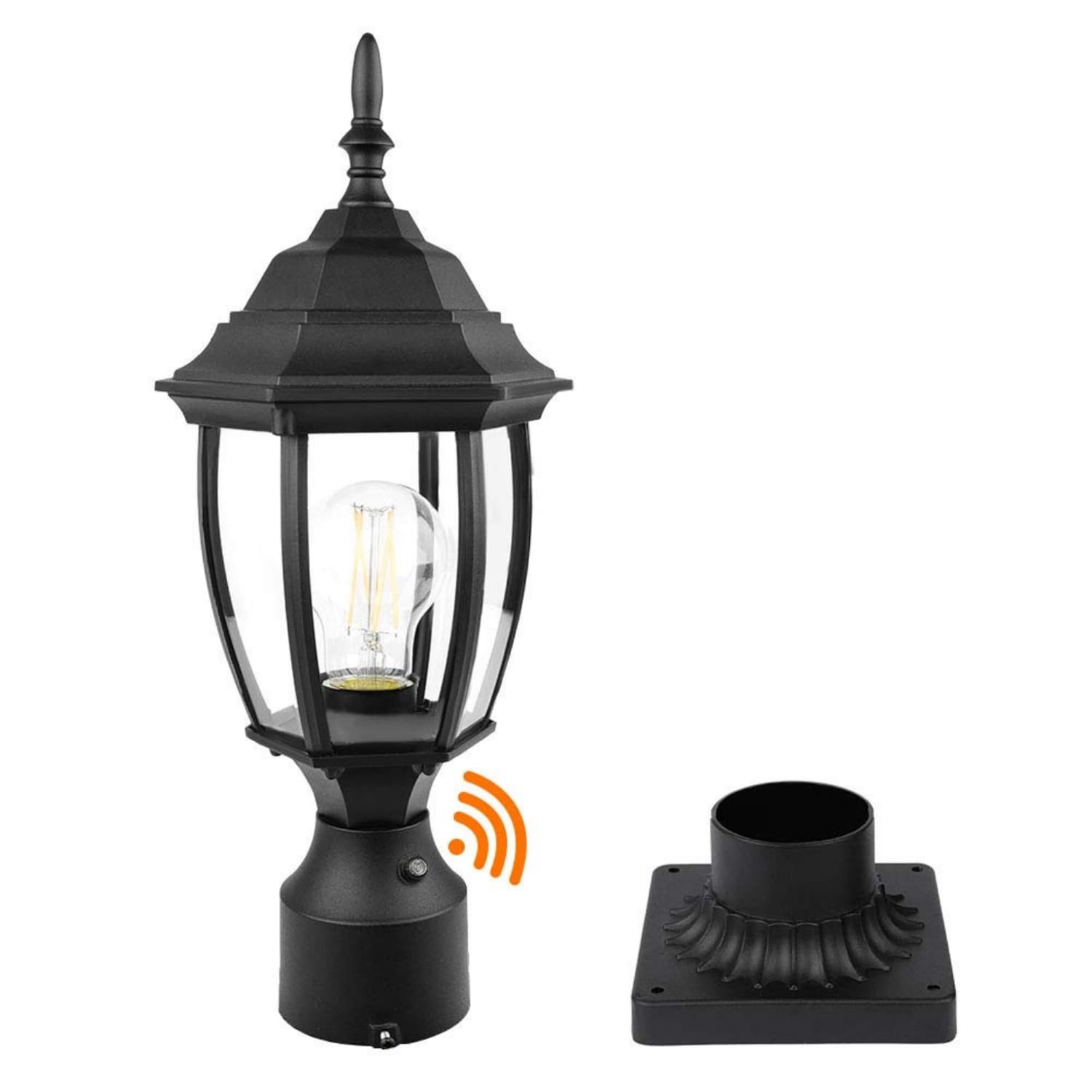 Angel Sar 1-Light Dusk to Dawn Clear Glass Black Outdoor Post Lantern