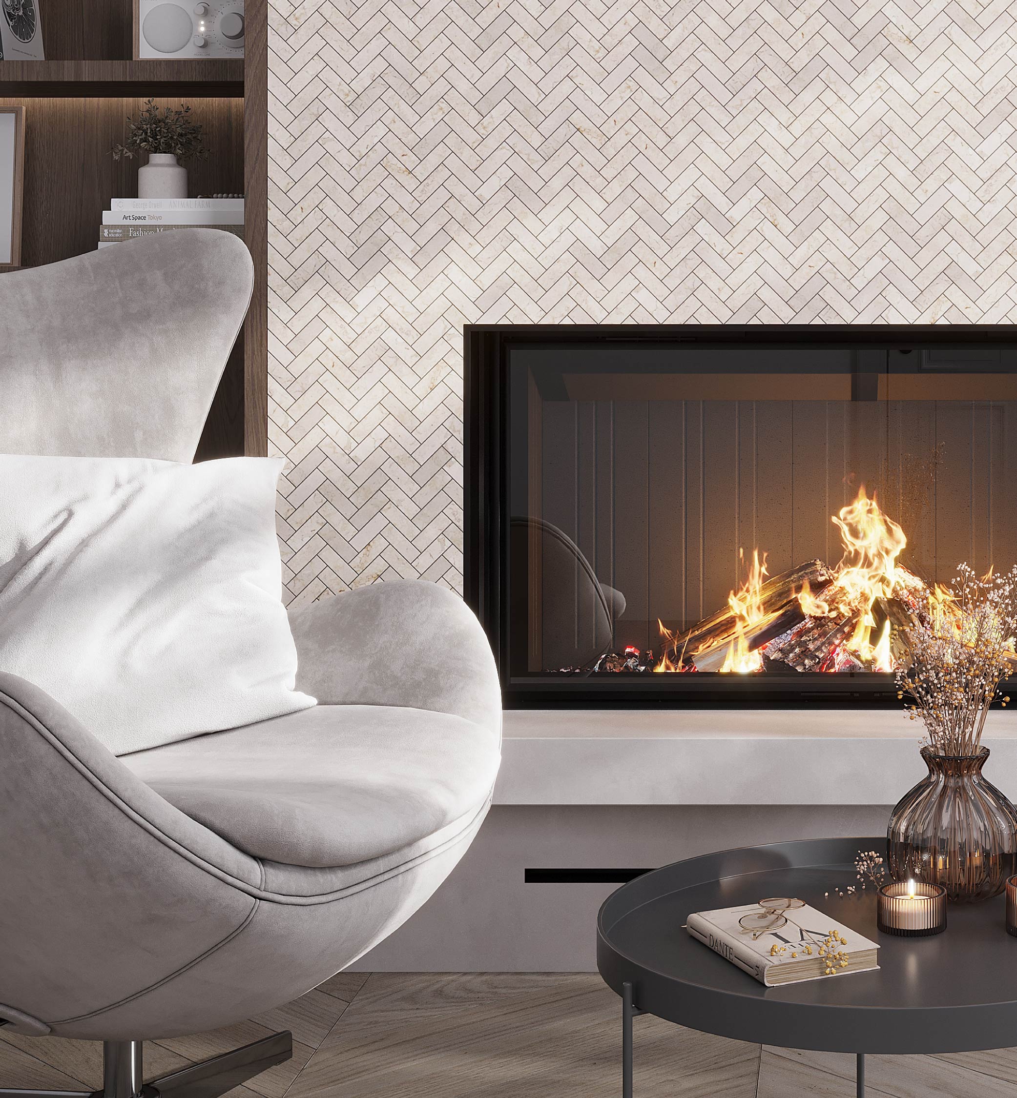 Naples Beige Polished Marble Herringbone Mosaic Tile