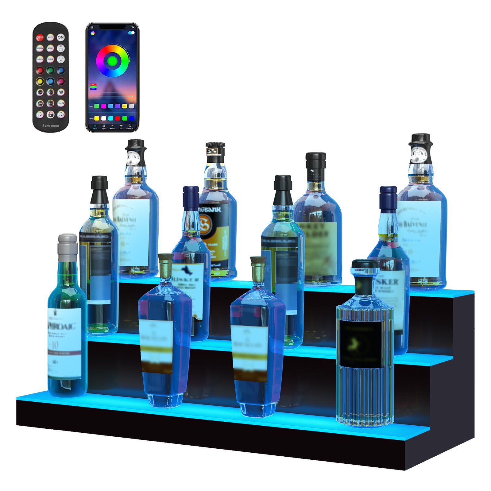 VEVOR SCZTXJPLED3302827V1 LED Lighted Liquor Bottle Display  3 Tiers 30 Inch Commercial Illuminated Home Bar Shelf  3 Steps Whiskey Rack Stand  Acrylic Drink Shelves with RF Remote and App Control  and Multicolor lighting