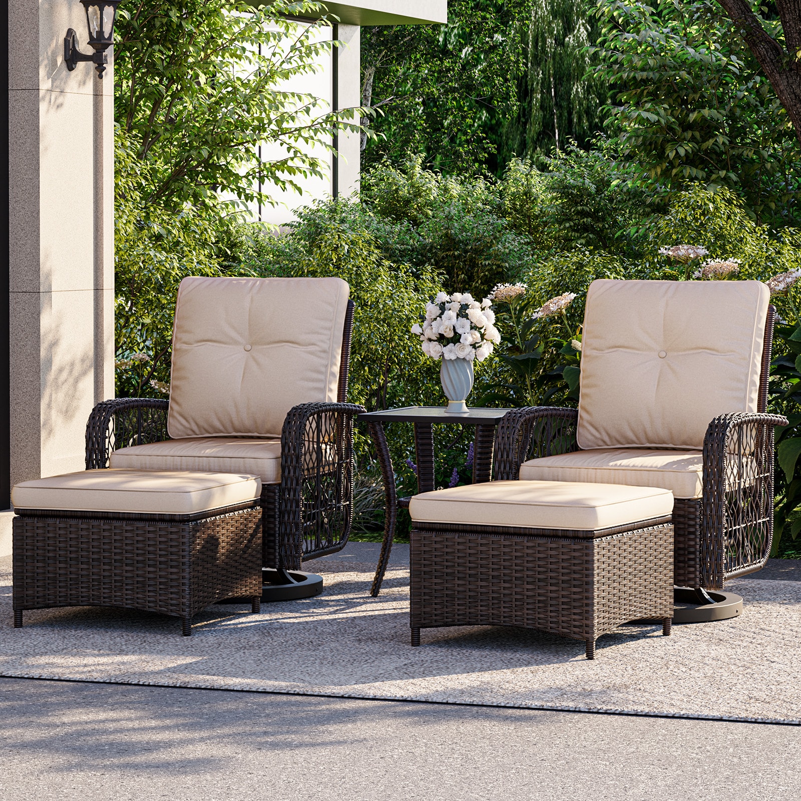 AOXUN 12036BG-38BG-5 5 -Piece Rattan Patio Conversation Set with Brown Cushions