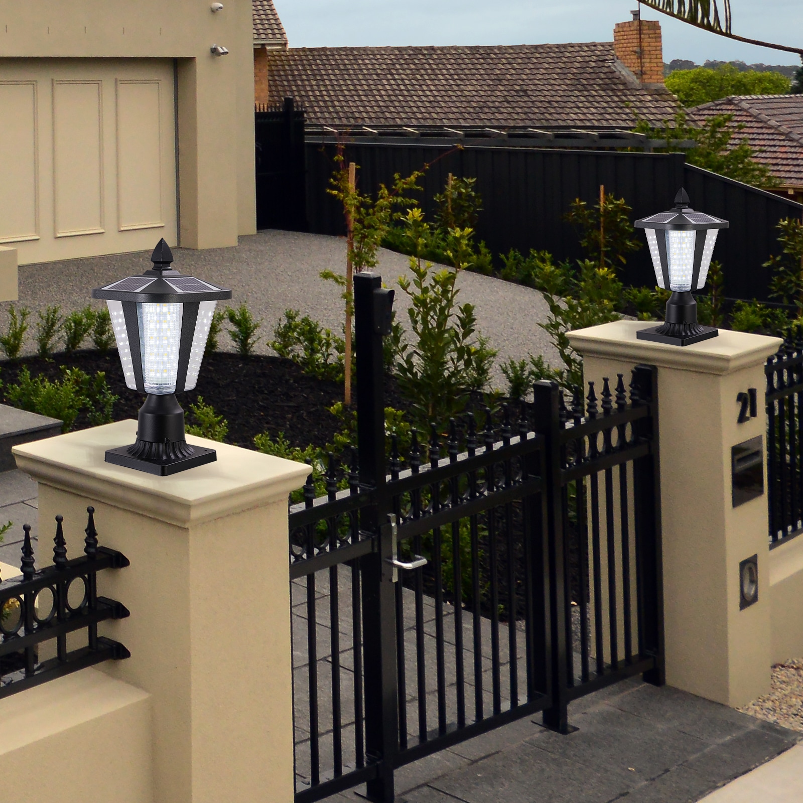 Blisstyle 15 Inch Height Modern Black Outdoor Post Light Solar Powered Durable Metal Pillar Lantern for Garden Path Patio Yard