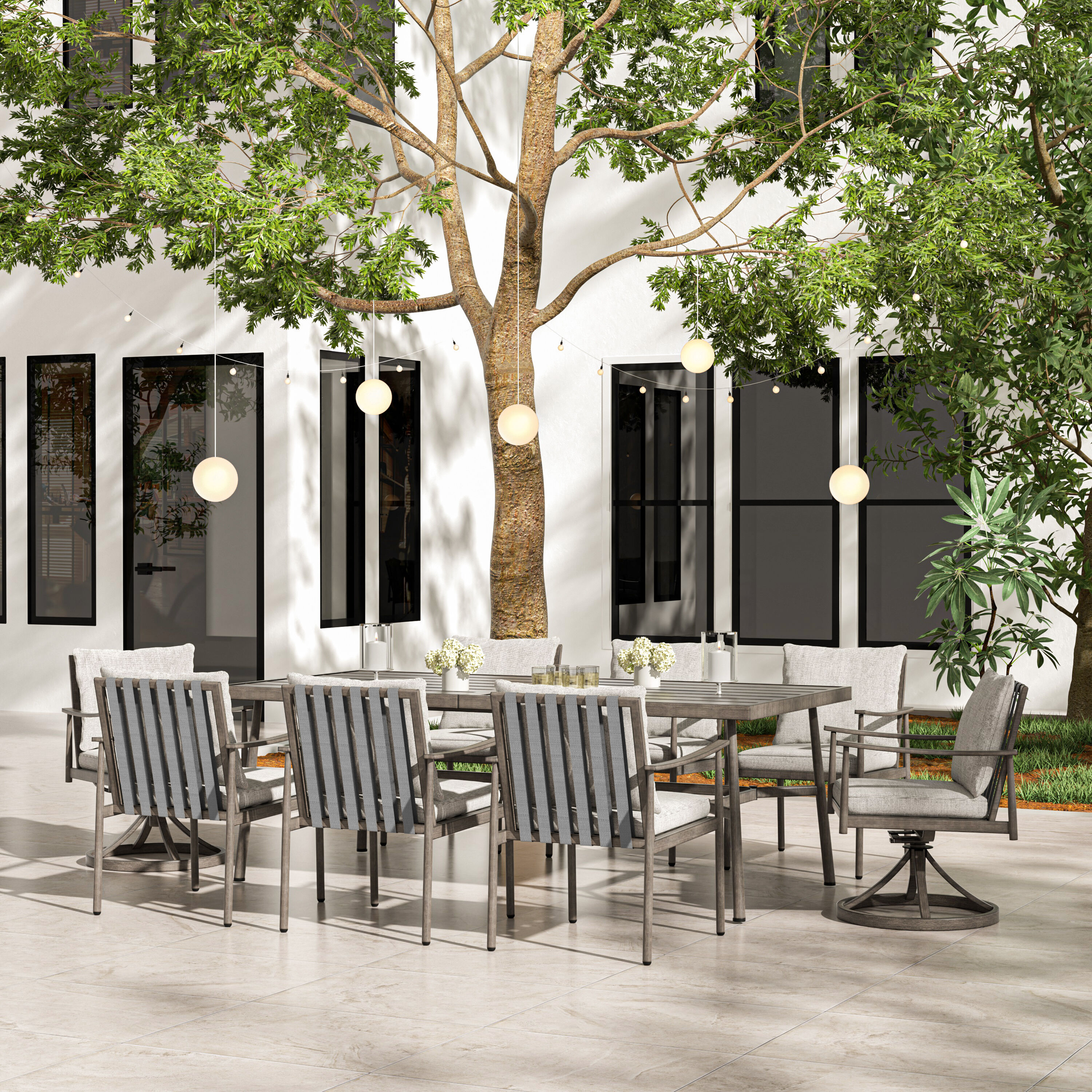  EL-CZ9-GG-B3-WL3 9 -Piece Gray Patio Dining Set Aluminum Rectangle Table with 8 Gray Cushions Swivel Chairs