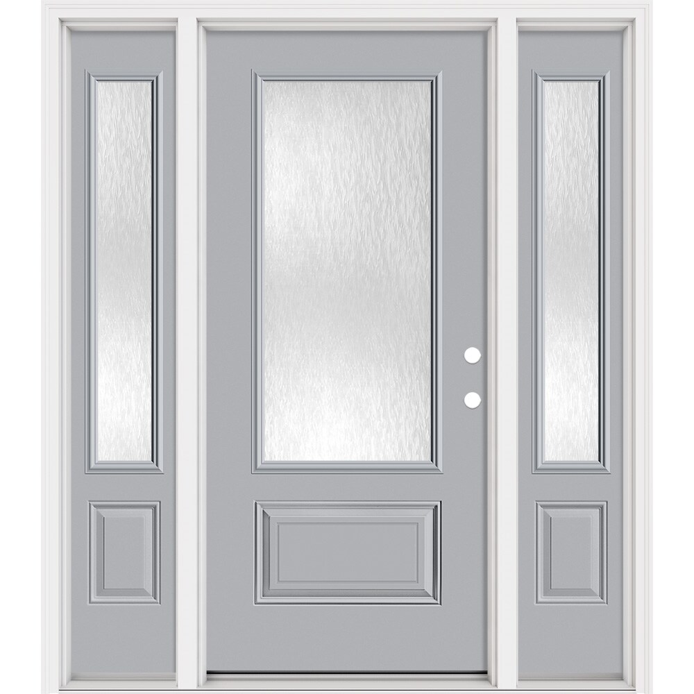Masonite 321412 Steel Doors Series 64-in x 80-in x 4-9/16-in Steel 3/4 lite Left-hand inswing Infinity Gray Painted Prehung Front Door with Sidelights with Brickmould Insulating core