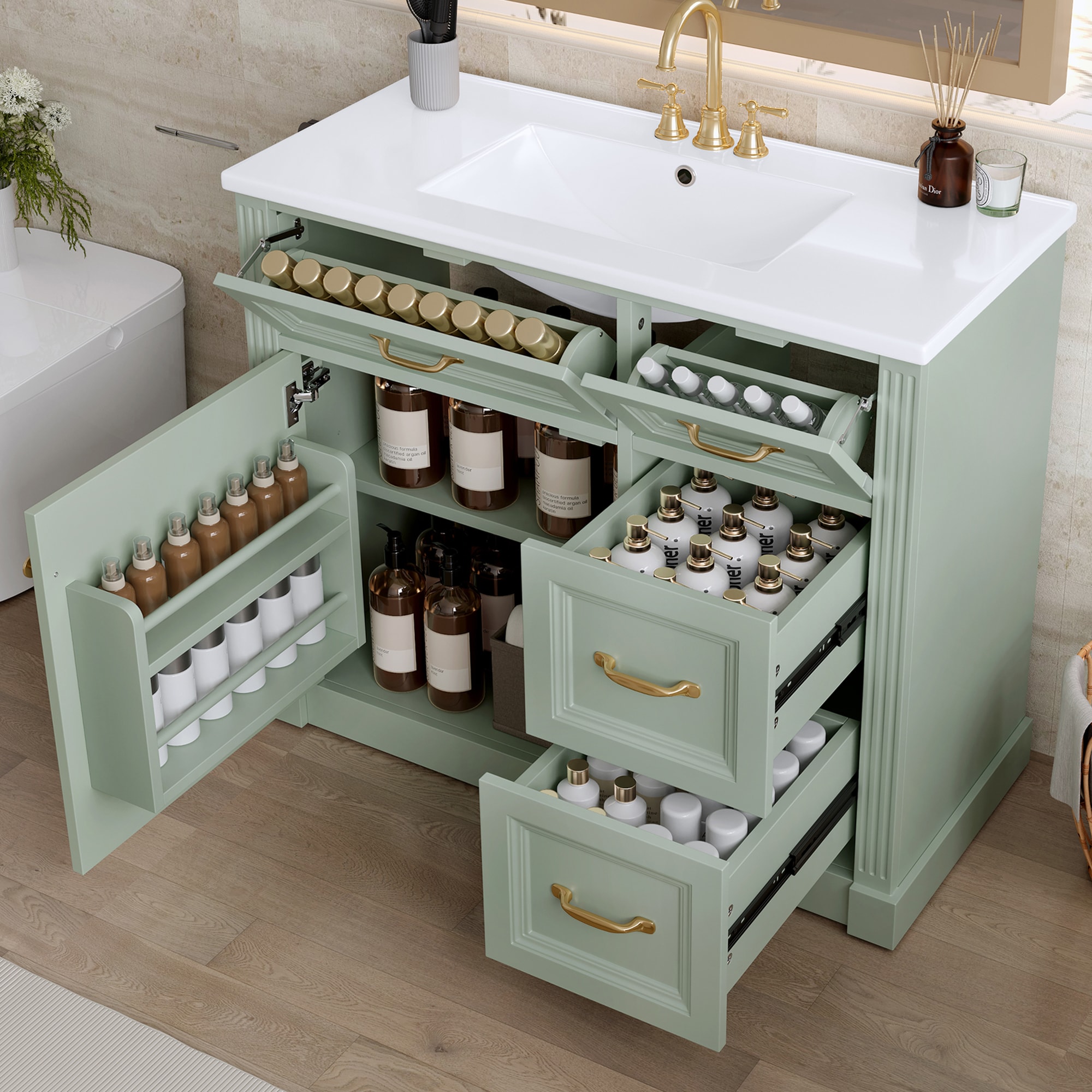 ModernLuxe Assembly Required 36 Inch Bathroom Vanity with Sink Cabinet with 4 Drawers SoftClose Door  Adjustable Shelf Ceramic Basin Modern Storage Vanity for Bathroom Organization Green Finish