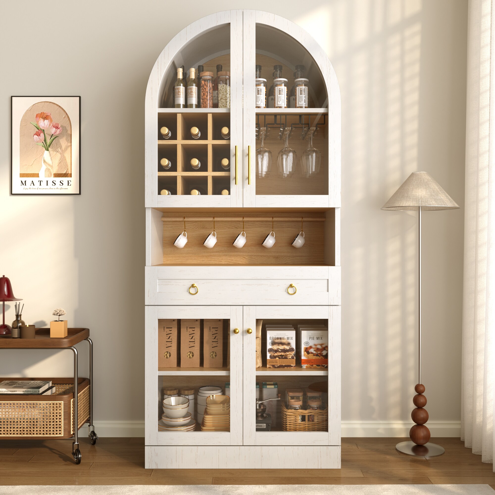 Vynxaria 70-in H White Arched Coffee Bar Cabinet with Wine Rack and Tempered Glass Doors