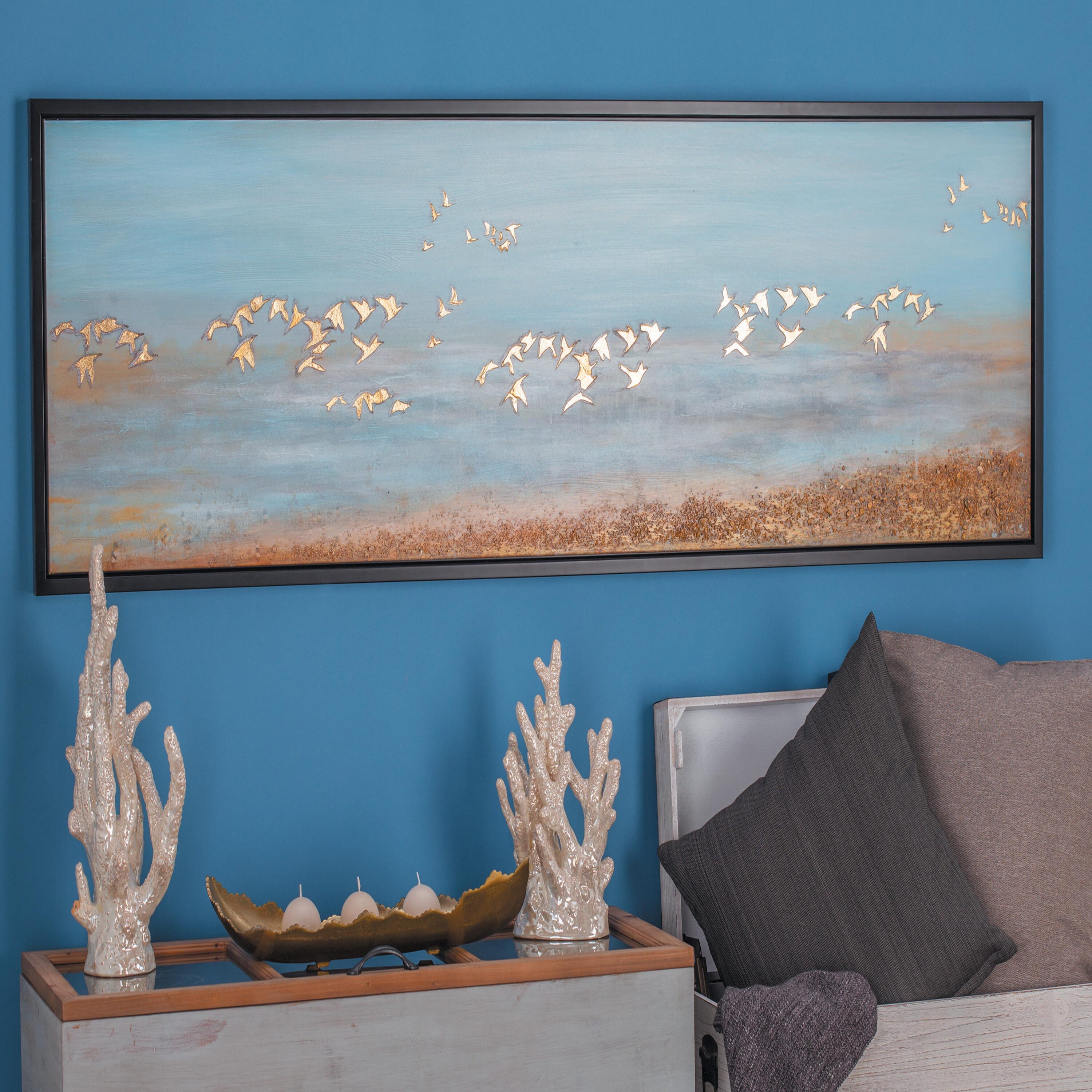 Grayson Lane 47462 Blue Polystone Contemporary Birds Framed Wall Art 71 x 1 x 19 Black Framed 19-Inches H x 71-Inches W Landscape Hand-Painted Painting