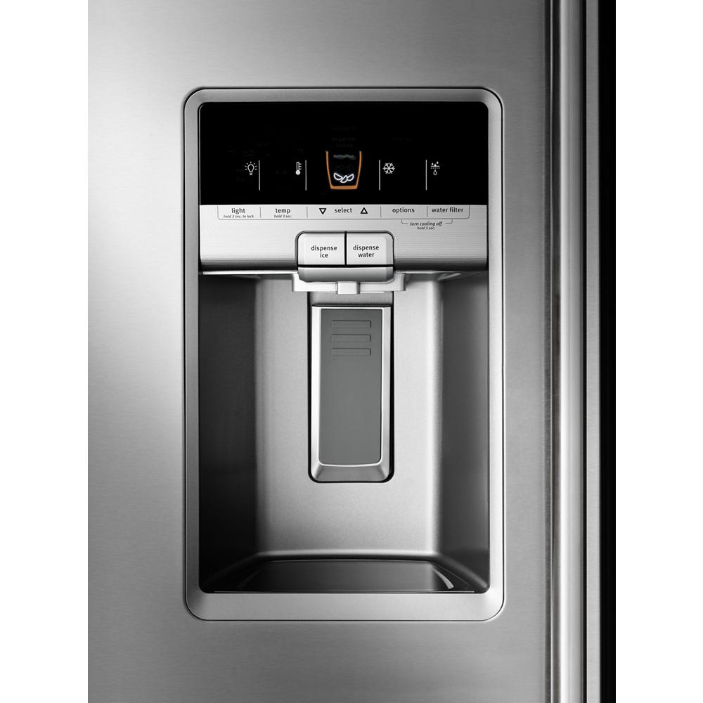 Maytag MFT2673BEM 26.1 cu. ft. French Door Refrigerator with 4  Spill-Catcher Glass Shelves, LED Interior Lighting, SmoothClose Freezer  Drawer, External Water/Ice Dispenser and Better Built Refrigerator  Compressor: Stainless Steel