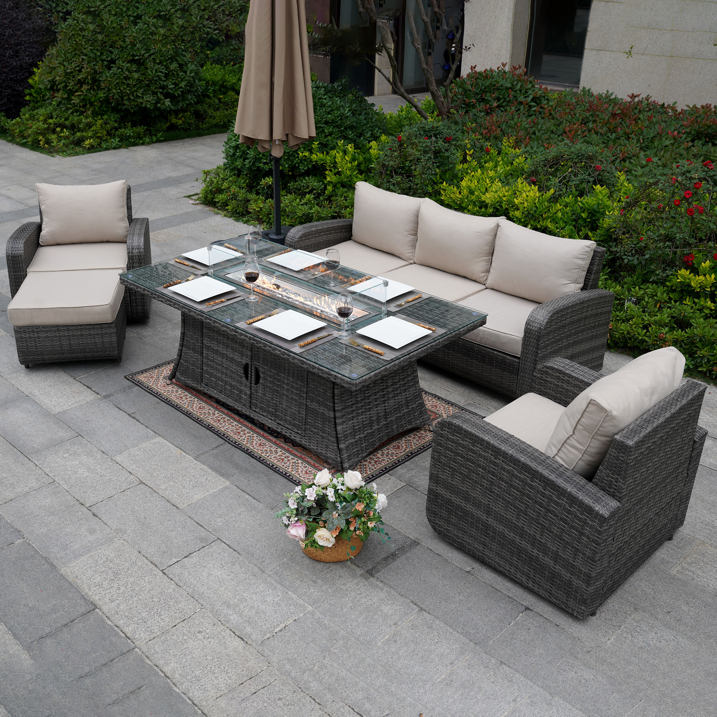 Moda Furnishings 1515-1106R-G 6 -Piece Wicker Patio Sofa Conversation Set with Gray Cushions