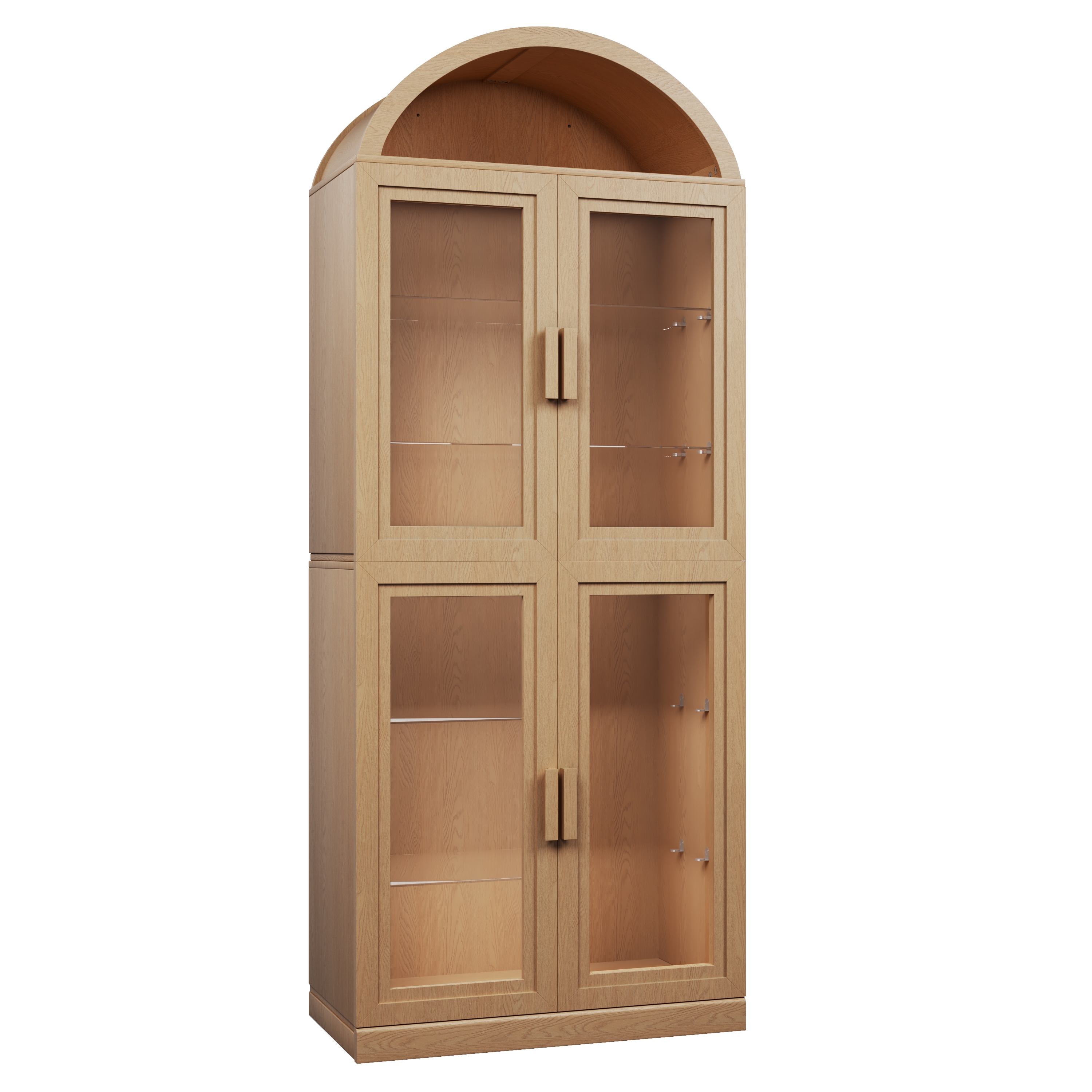 Misty Moon Multipurpose Stackable Organizer Cabinet Natural Wood Grain Glass Front Regular and Arched Cabinet Combination Home Storage Furniture 16 x 31 x 76 Inch