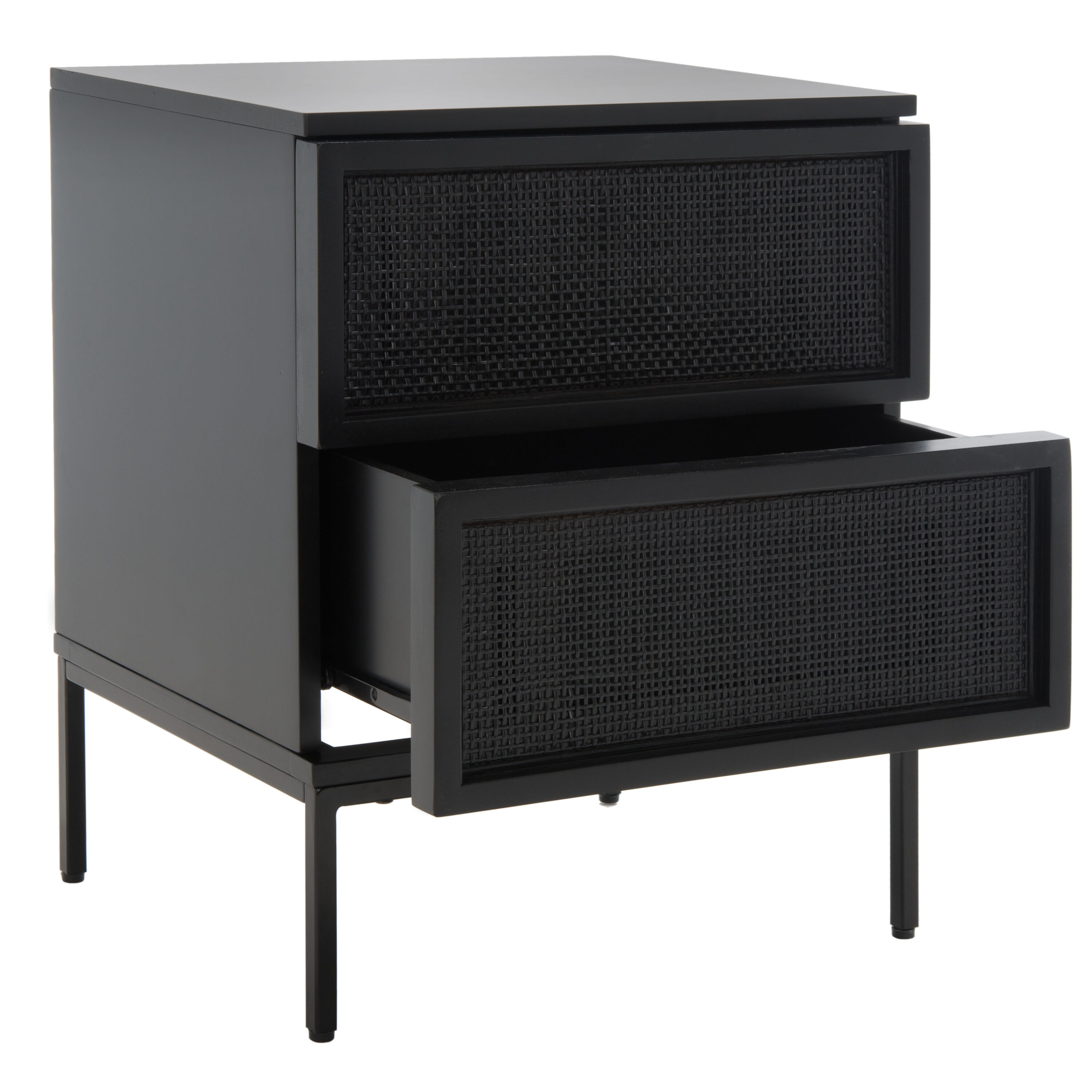 Zadie Black 2-Drawer Rattan Nightstand with Iron Legs