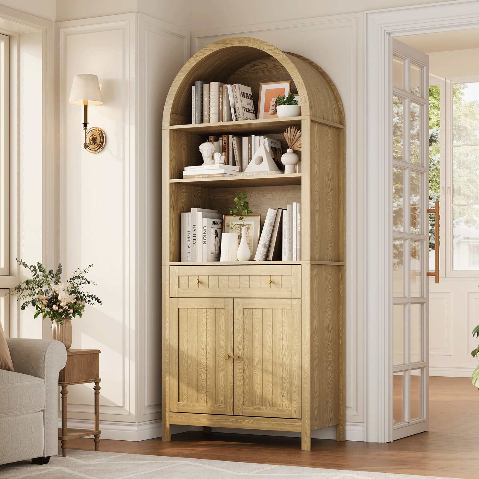 IdealHouse Modern Farmhouse Arched Pantry Cabinet 73 Inch Tall - Freestanding Tall Storage with Drawers and Adjustable Shelves - Accent Kitchen Dining Living Bedroom Cabinet (Oak)