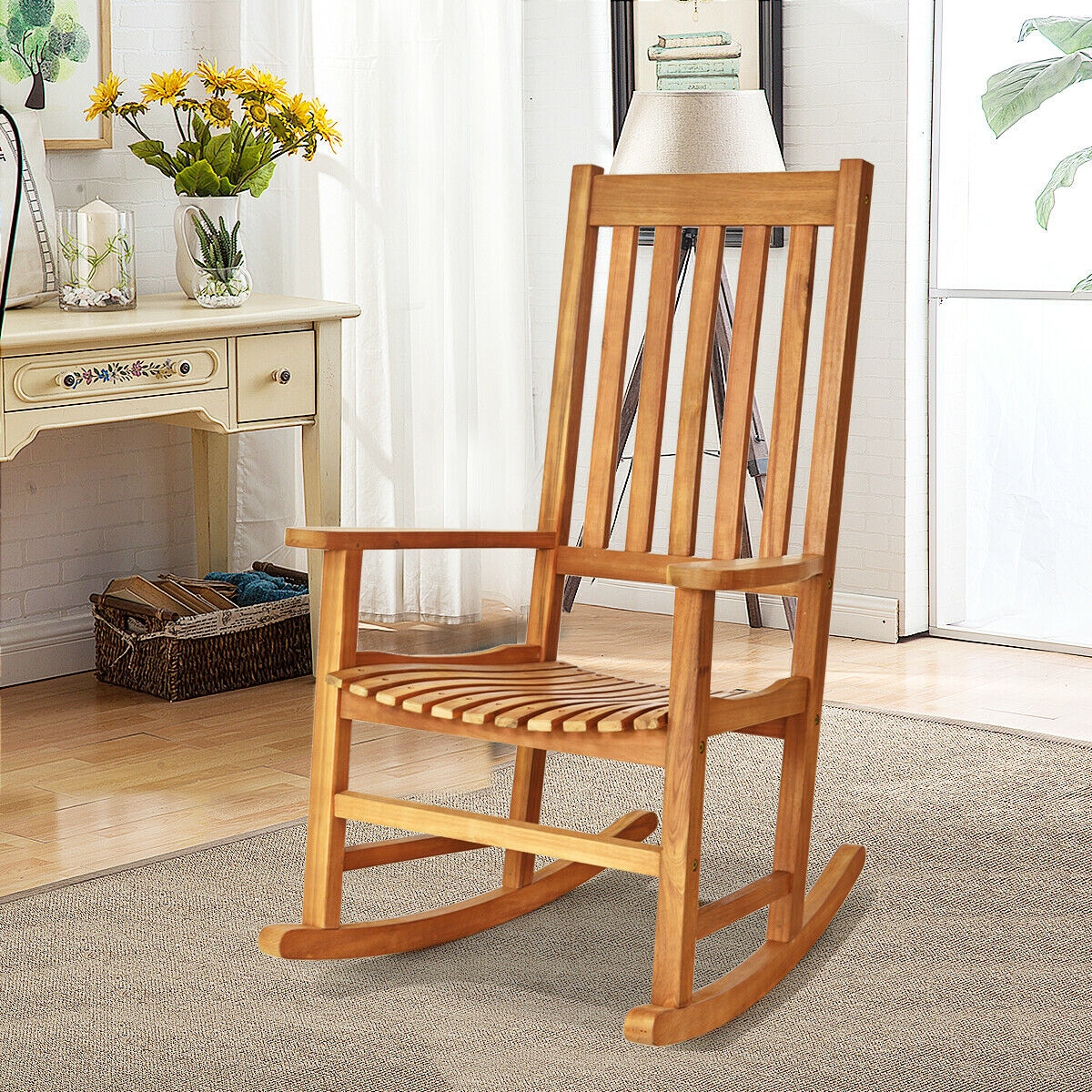 Forclover HBV-0110NA Rocking Chair Natural Wood Frame Rocking Chair with Solid Seat