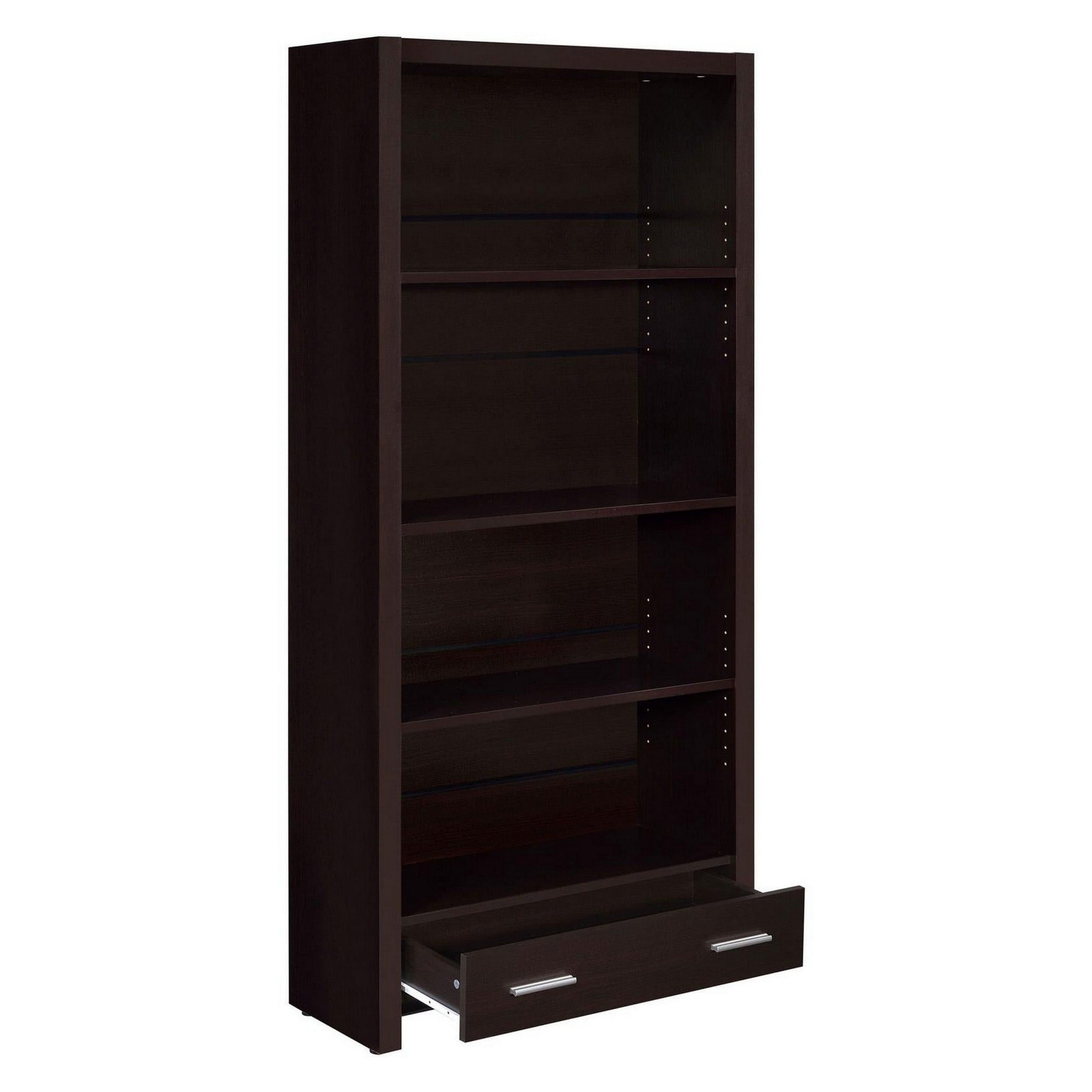 Transitional Solid Wood Bookcase with Shelves and Drawer in Dark Brown