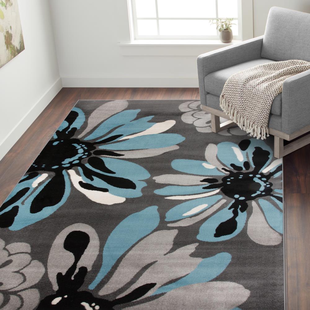 Blue Floral Synthetic 5' x 7' Reversible Area Rug