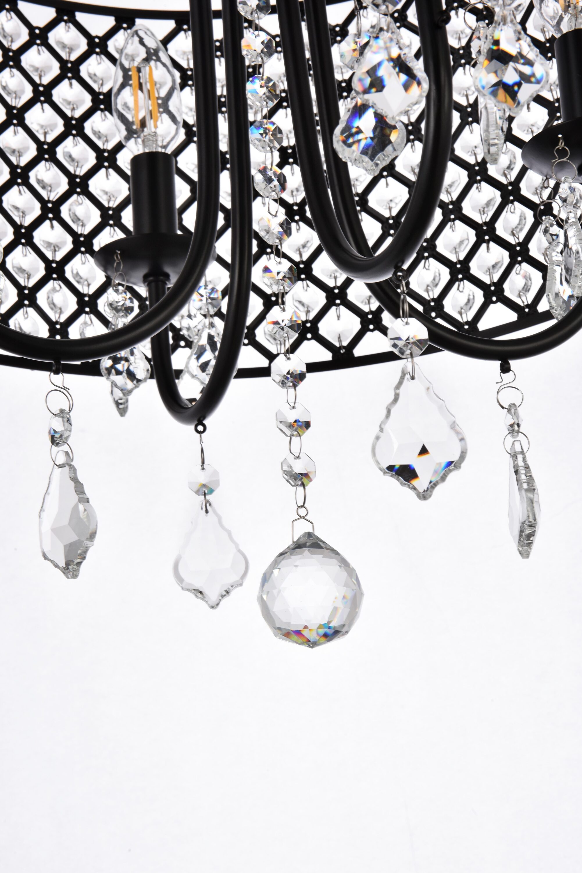 Elegant Crystal and Iron Black Drum Pendant with Lattice Shade