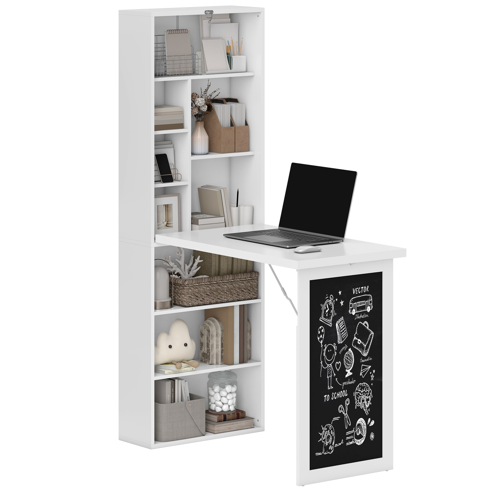 HomCom 836-296WT Fold-out Convertible Writing Table Wall Mount Desk Cabinet with Blackboard and Side Shelf Multi-Function Home Office Workstation White