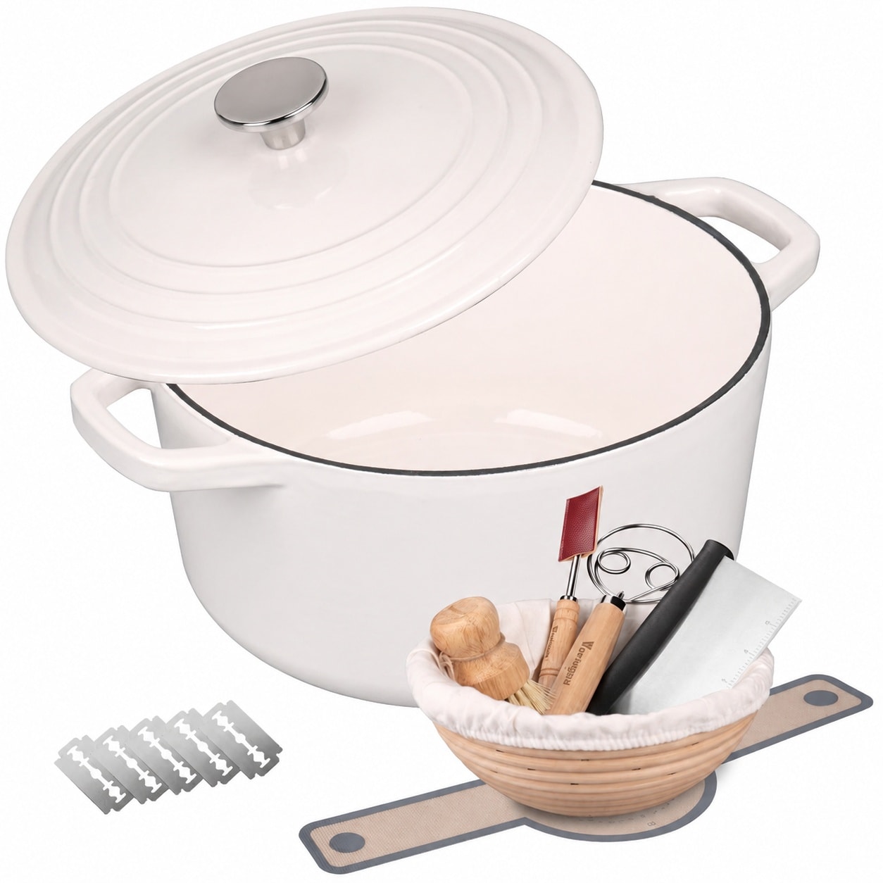 Anqtovp Enameled Cast Iron Dutch Oven Pot with Lid White 4 Point 5QT Round Bread Oven for Baking Sourdough and Cooking Set #LAN0617N059