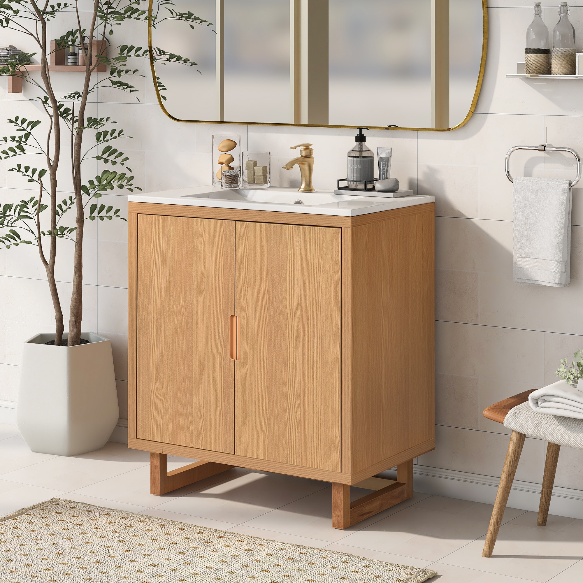 Afhocomp 30-in Single Sink Freestanding Natural Bath Vanity with White Integral Ceramic Basin