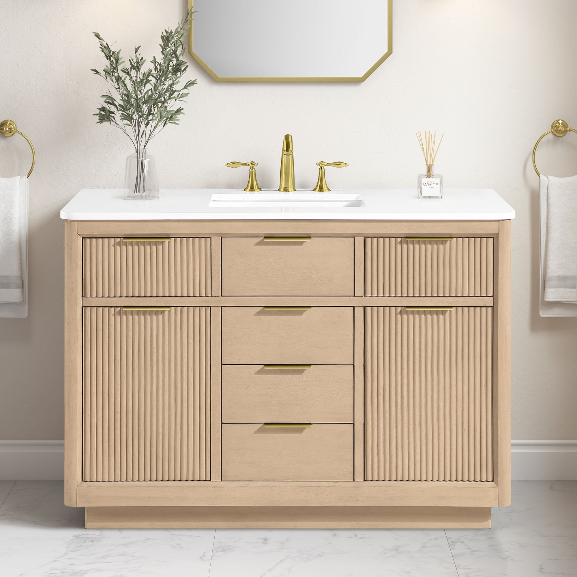OVE Decors 15VVA-XAND48-186 Xander 48-in Sahara Birch Undermount Single Sink Bathroom Vanity with White Engineered Marble Top