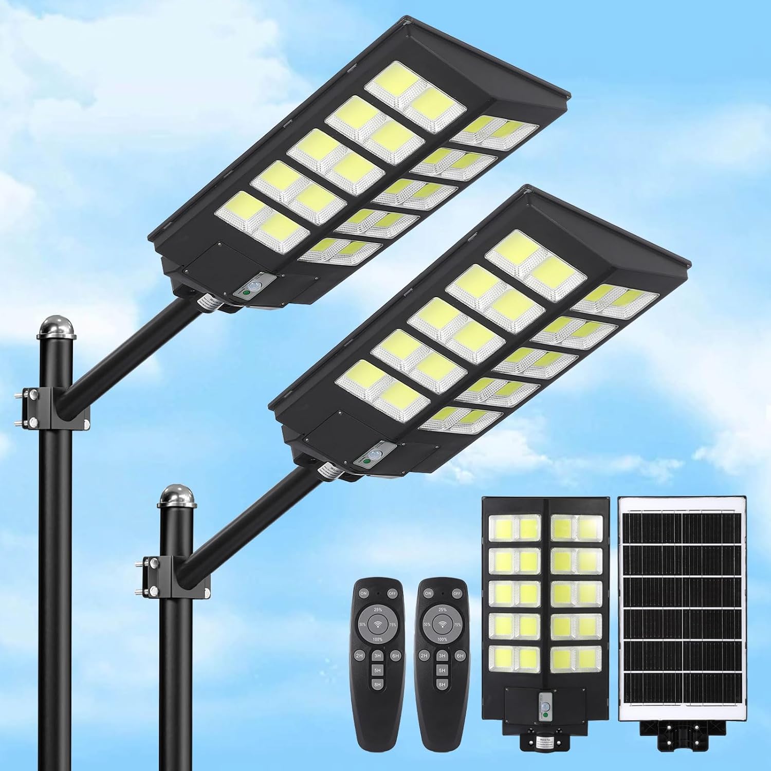 IdealHouse Commercial Solar Street Light 2 Pack LED Flood Lamp Motion Sensor Remote Control IP67 Waterproof All Night Auto On Off For Court Parking Lot Garden