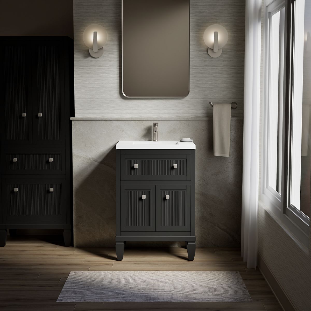 KOHLER 33535-ASB-1WX Hearthaven 24-in Slate Grey Undermount Single Sink Bathroom Vanity with White Quartz Top