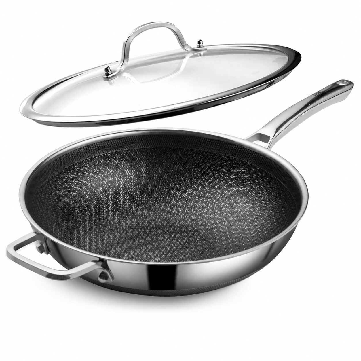 Aoibox  Hybrid 13 Inch Stainless Steel Nonstick Wok with Lid PFOA Free Dishwasher and Oven Safe Works on Induction