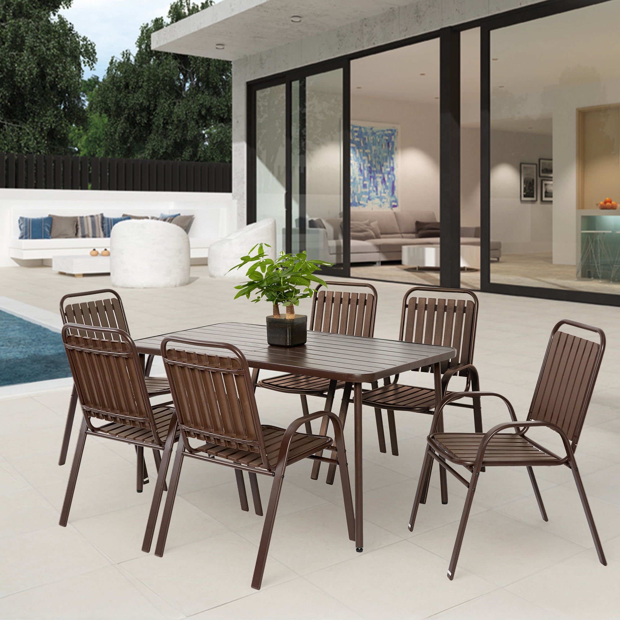 Kahomvis 7 -Piece Brown Patio Dining Set Steel Rectangle Table with 6 Stationary Chairs