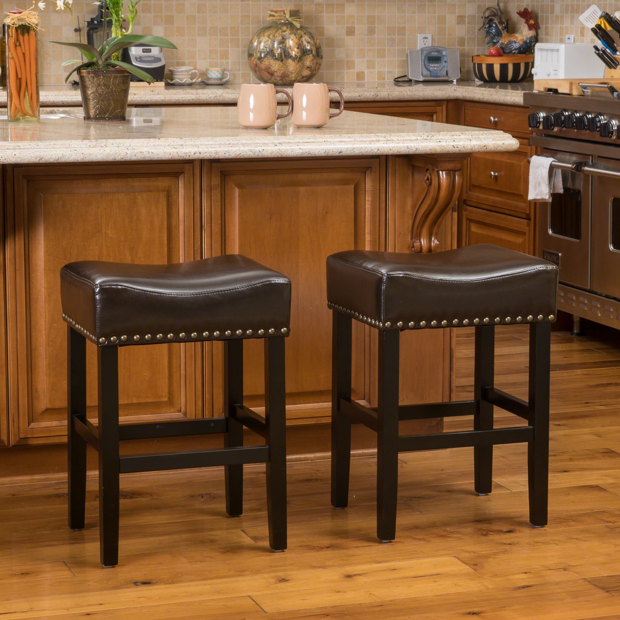 Brown Leather Saddle Style Backless Counter Stools, 2-Piece Set