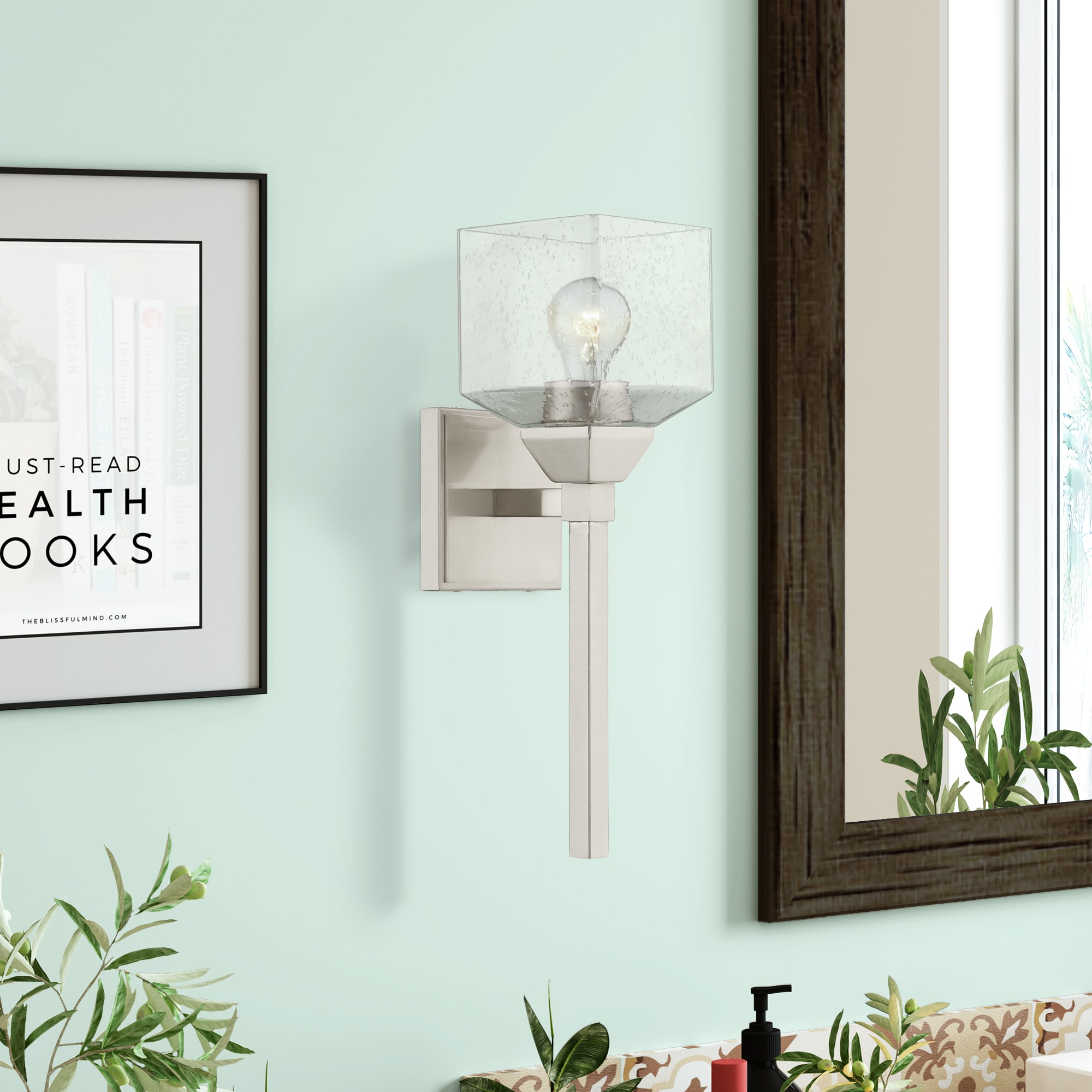 Brushed Nickel Vanity Light with Clear Seeded Glass Shade