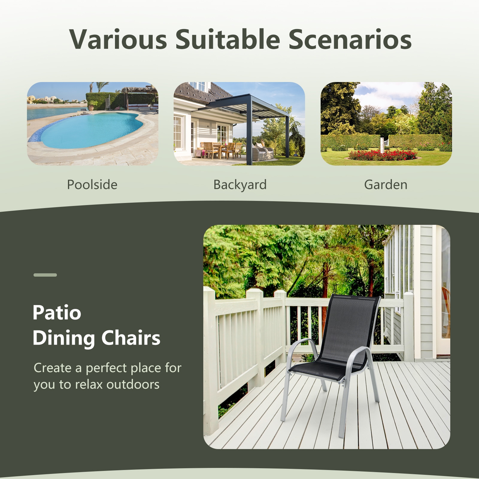 Black Stackable Outdoor Dining Chairs with Armrests, Set of 4