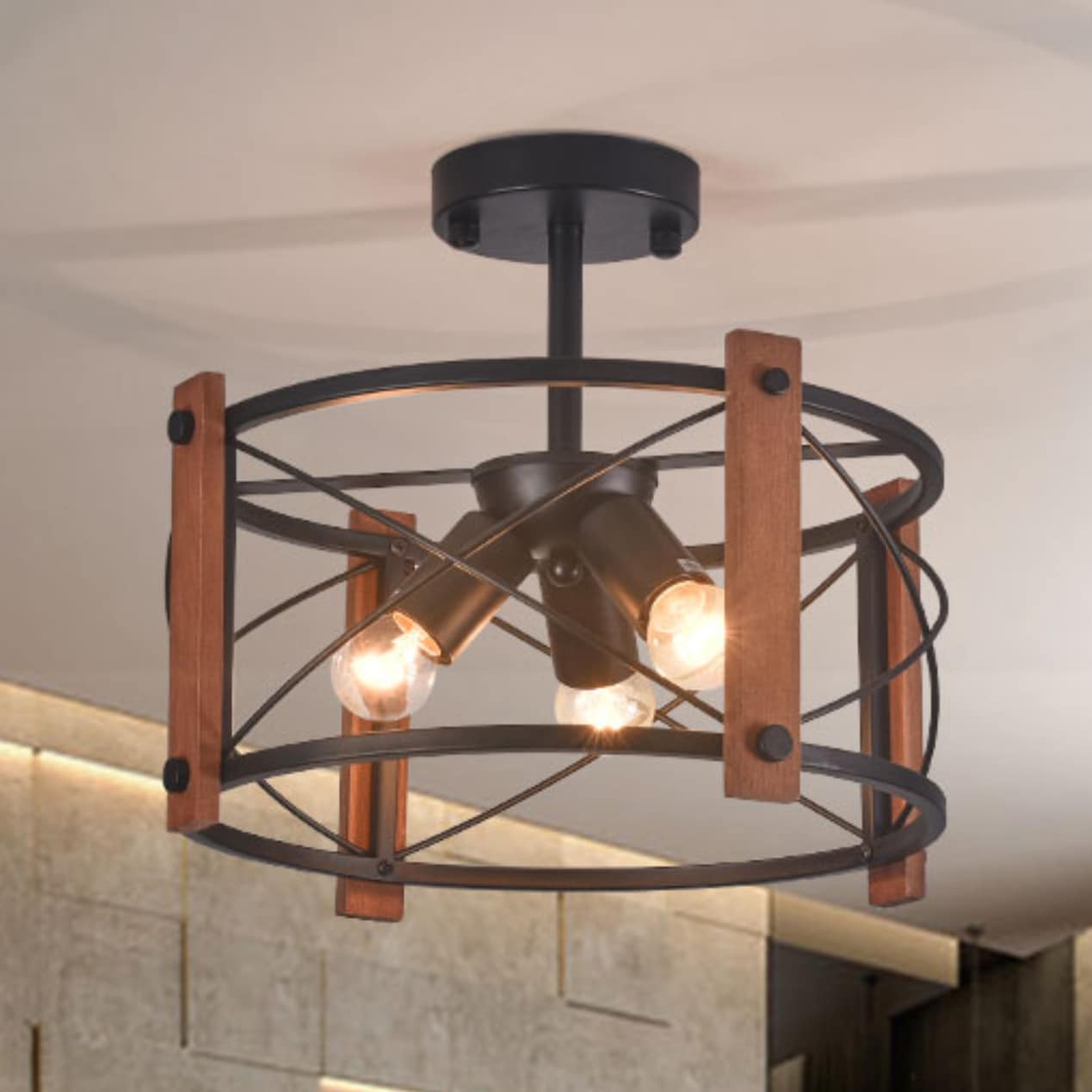 Oukaning HG-HCXLST-6535-US 3-Light 3 -Light 13.78-in Antique Black Semi Flush Mount Light