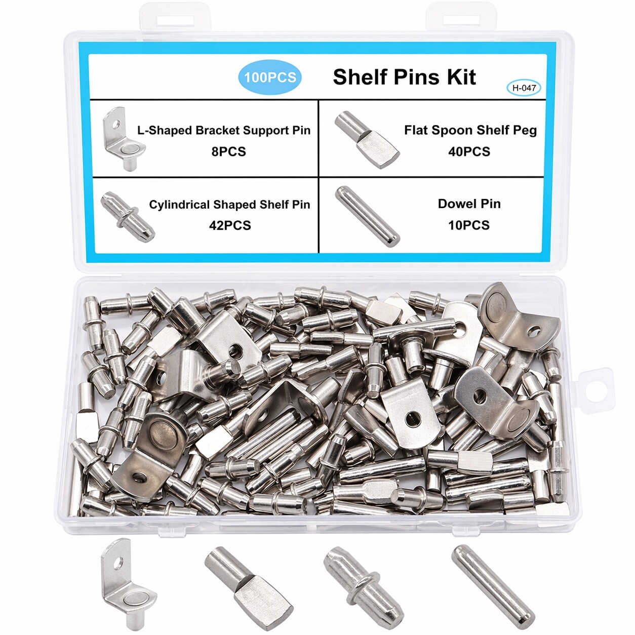 Aoibox  100 Piece Shelf Support Pin and Peg Assortment Kit in 4 Styles for 5mm and 6mm Holes Nickel Plated Finish