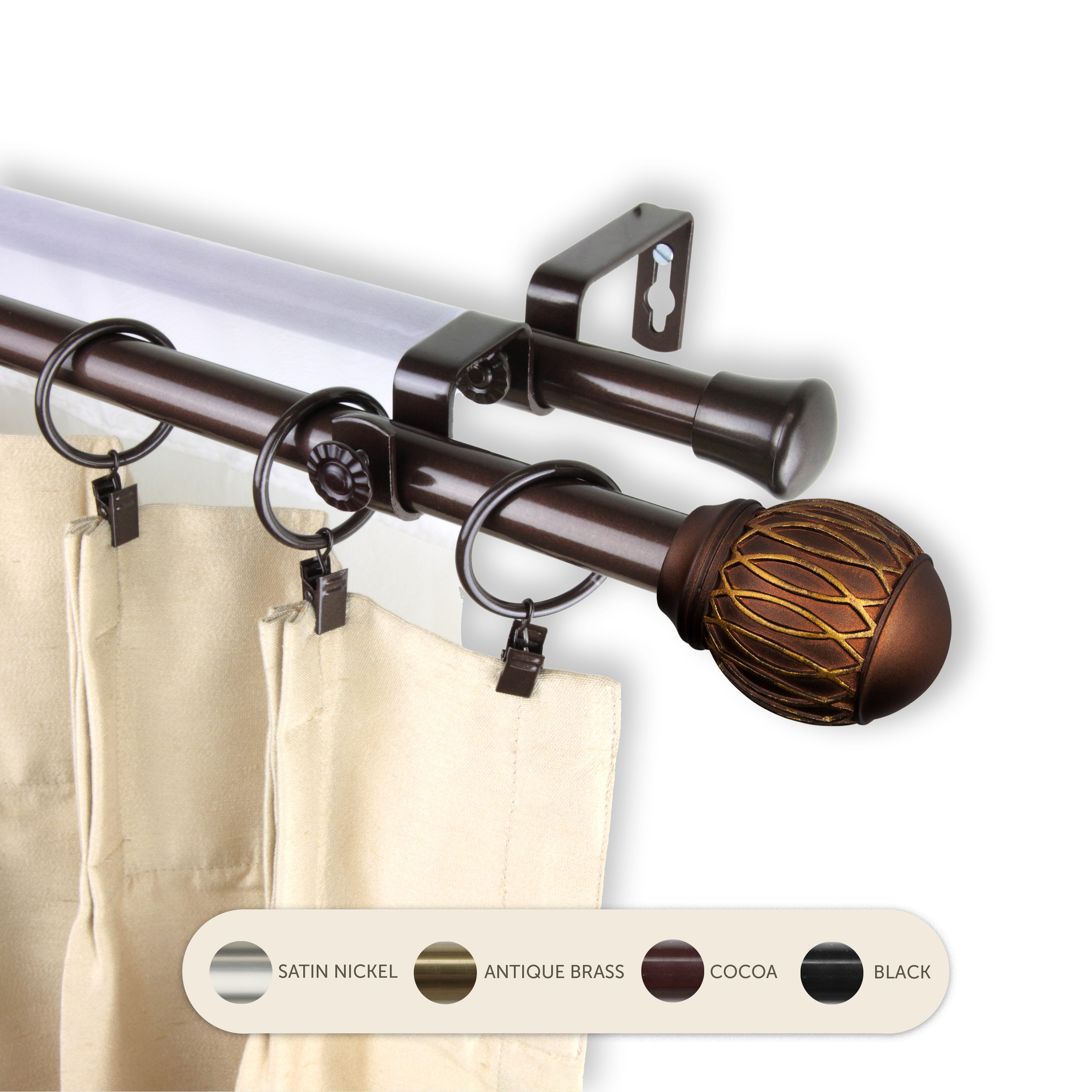 Hart & Harlow L-4780-287 Tacoma 13/16-in 28-in to 48-in Cocoa Steel Double curtain rod with Finials