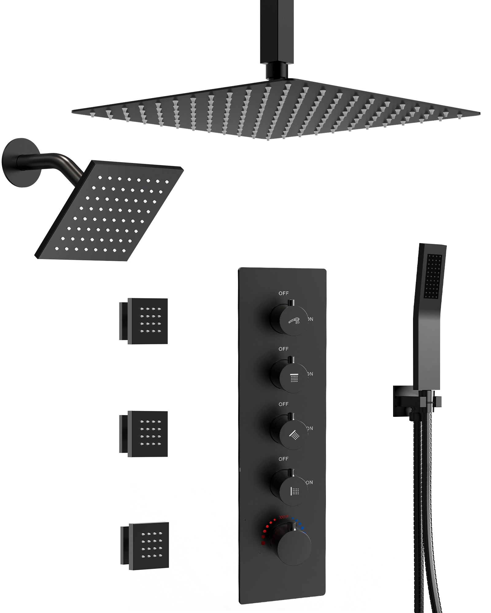 YAWWALK  Thermostatic 15 Spray 16 in and 6 in Dual Ceiling and Wall Mount Shower Heads with 3 Body Jets and Handheld Combo Valve Matte Black