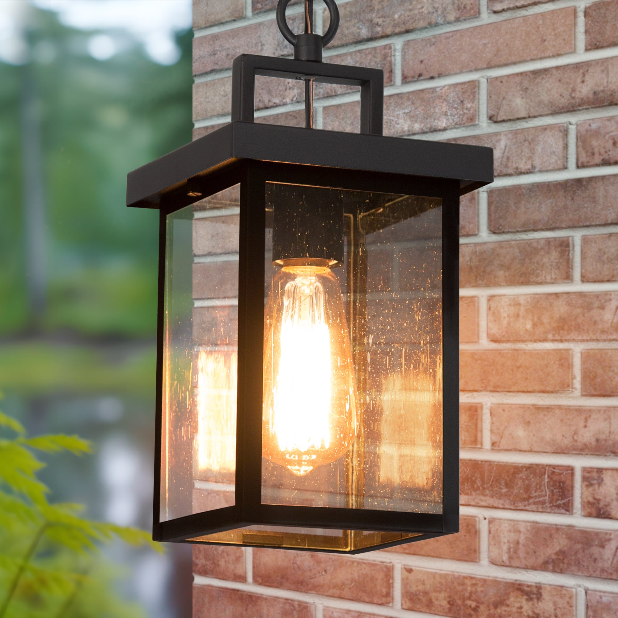 LNC Sabrina 1 -Light Matte Black and Seeded Glass Modern/contemporary Seeded glass Lantern Mini Outdoor Hanging Pendant Light