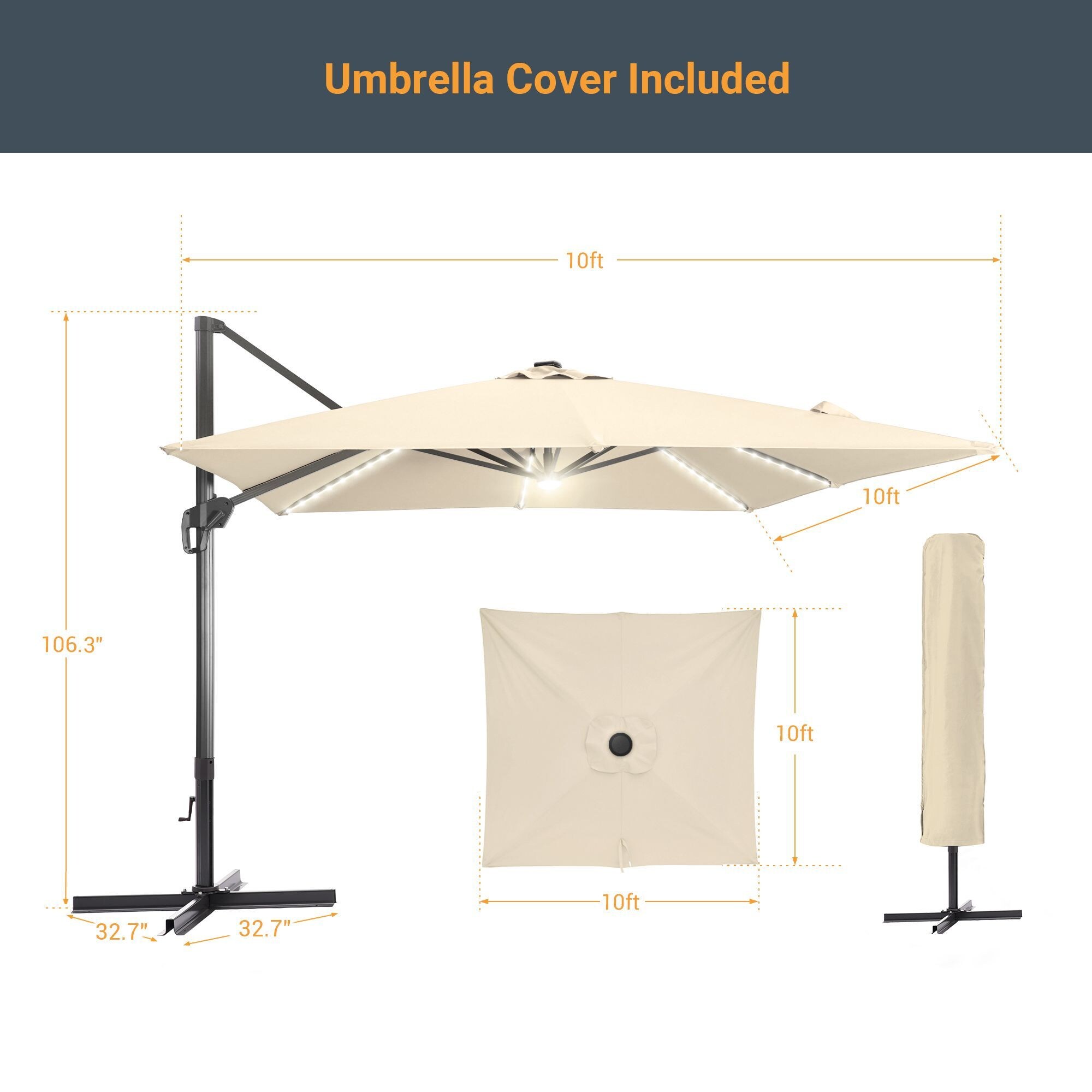 Sonkuki 10-ft Aluminum Tan No-tilt Cantilever Patio Umbrella with ...