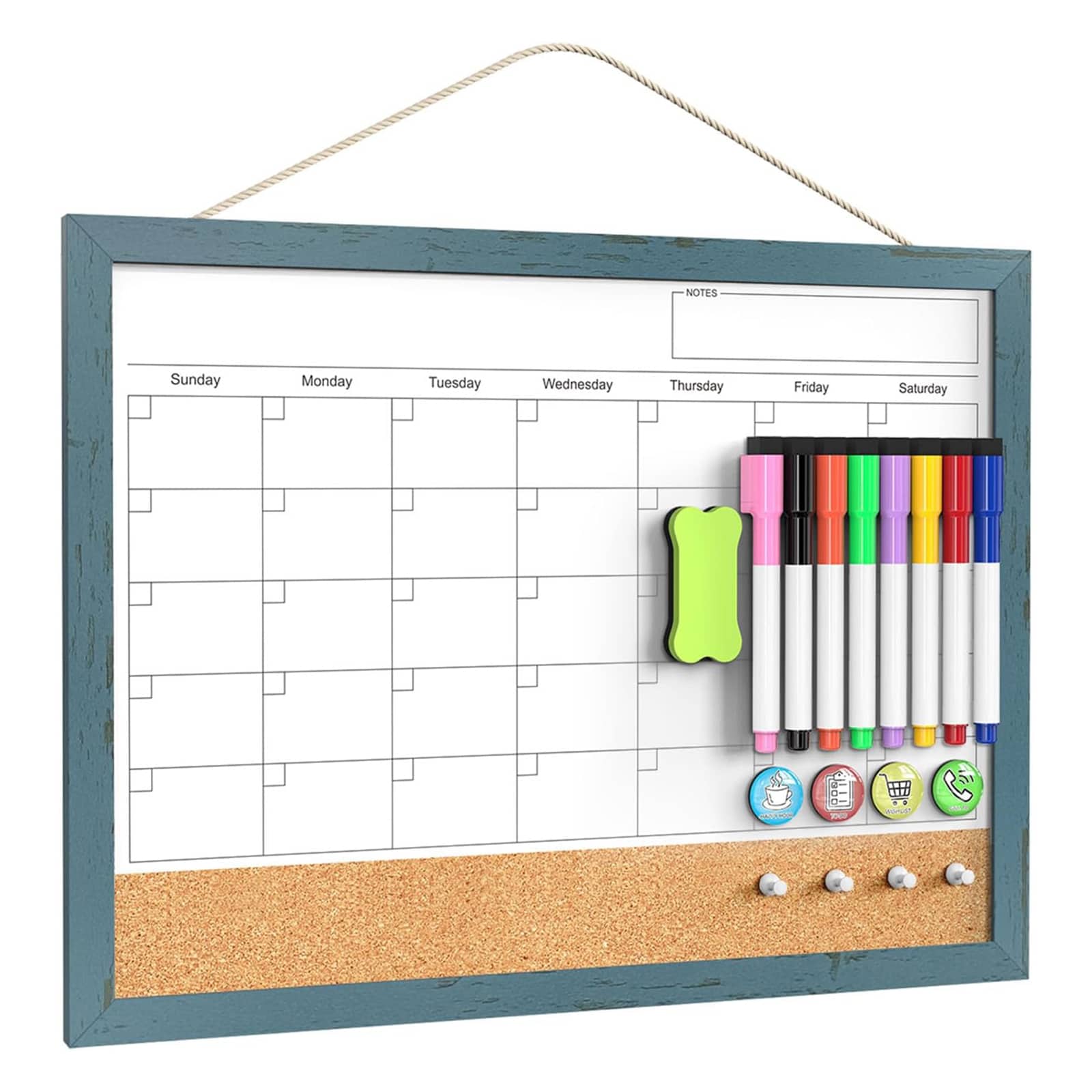 Afoxsos 17x13 Inch 2-in-1 Dry Erase Whiteboard Calendar and Corkboard Combo Set Includes 8 Markers 4 Push Pins 4 Magnets 1 Eraser for Wall