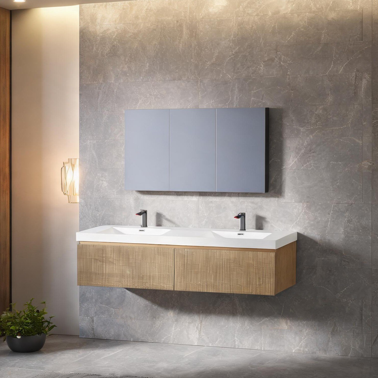 Naturefalls Wall-Mounted Double Basin Vanity Engineered Wood in Natural Oak 72 Inches Soft-Close Drawer Fully Assembled