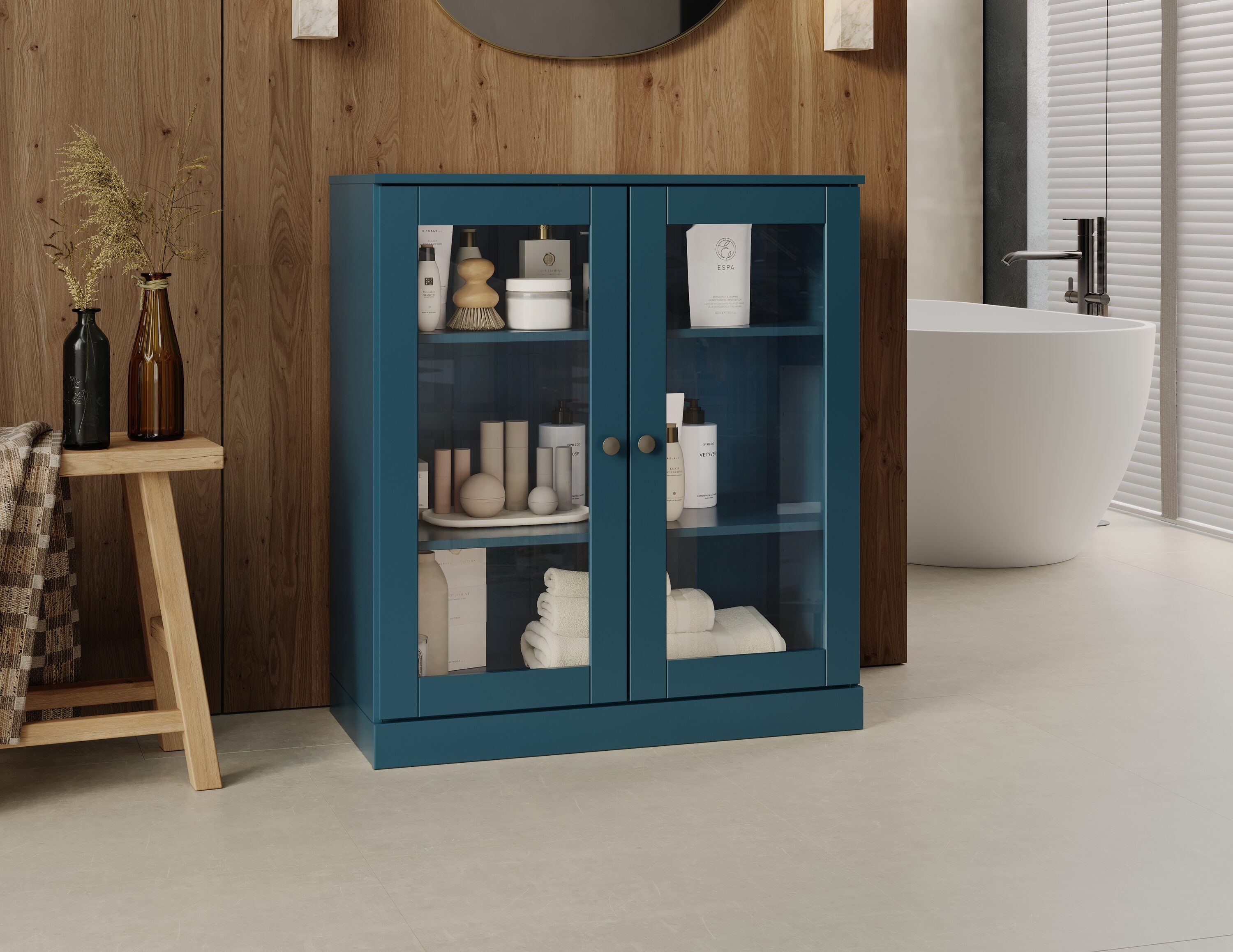 Palace Imports Solid Wood Short Clear Glass Bathroom Linen Laundry Room Storage Cabinet
