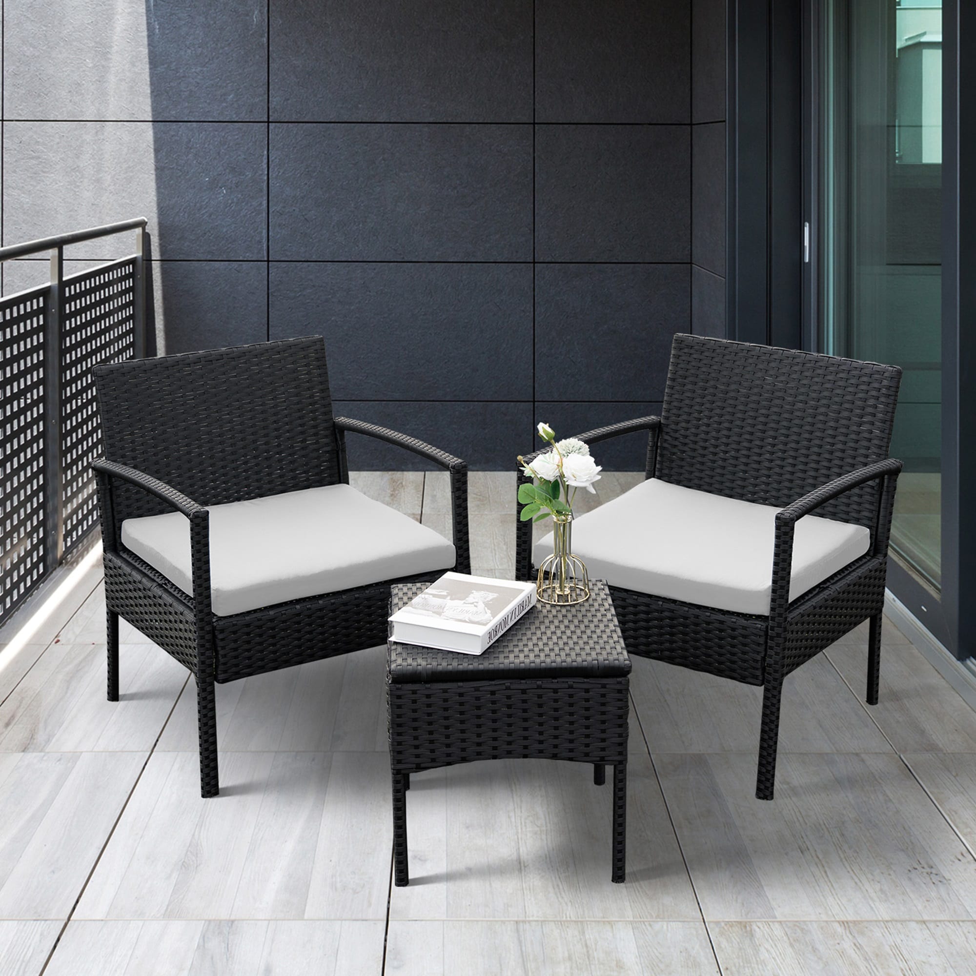 Grearden LS-HZ012-TA 3 -Piece Wicker Patio Conversation Set with Tan Cushions