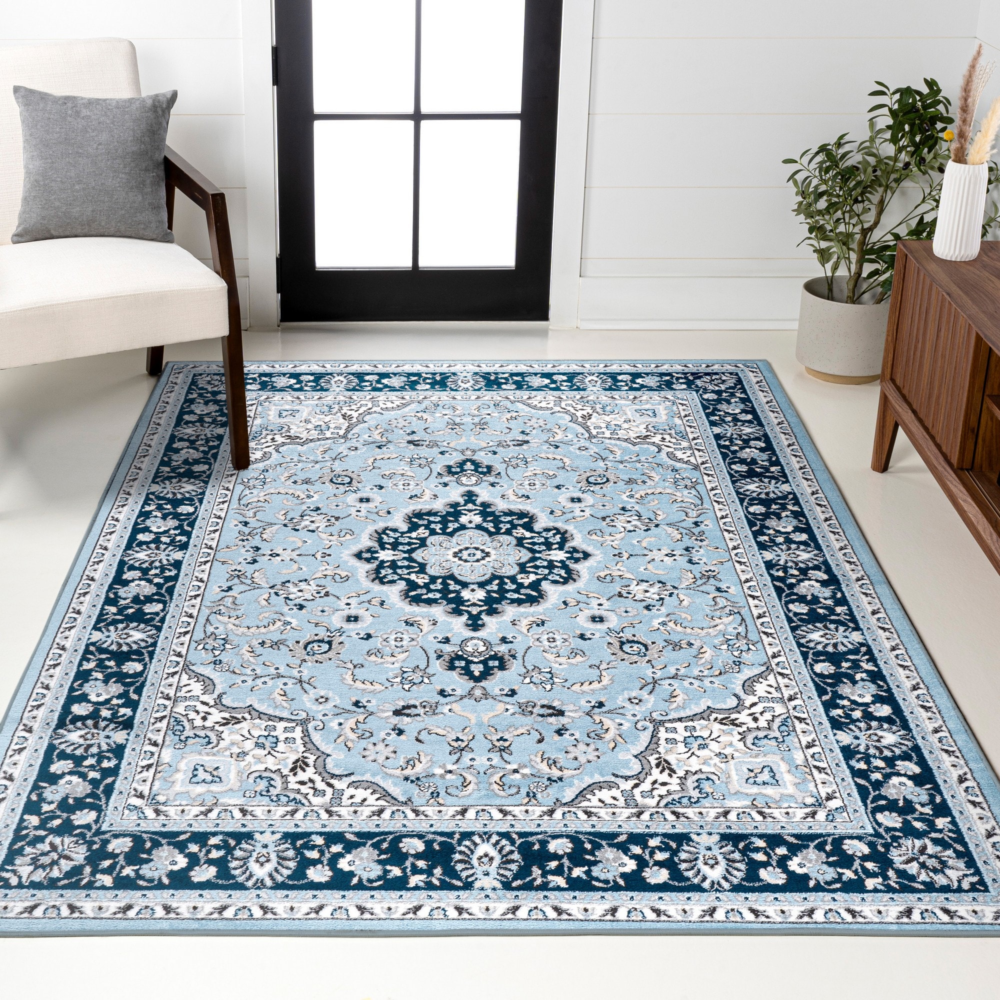 JONATHAN  Y MDP503E-8 MODERN PERSIAN Palmette Floral 8 x 10 (ft) Loomed Blue/Navy Rectangular Indoor Medallion Persian Pet Friendly Area rug