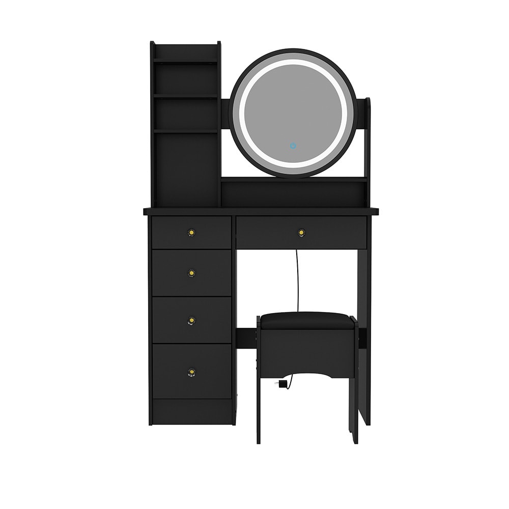 Homsee V-KF210095-06 Elegant 5-Drawer Black Wood Makeup Vanity Set with LED Round Mirror and Cushioned Stool